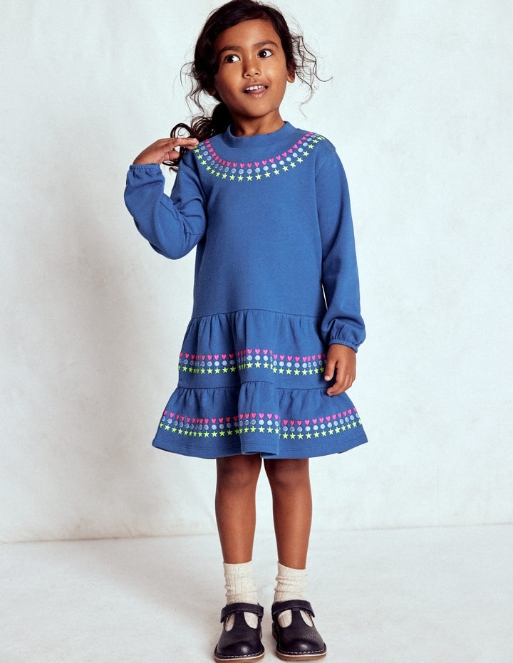 Sweatkleid mit tiefer Taille-Blauhäher Stickerei