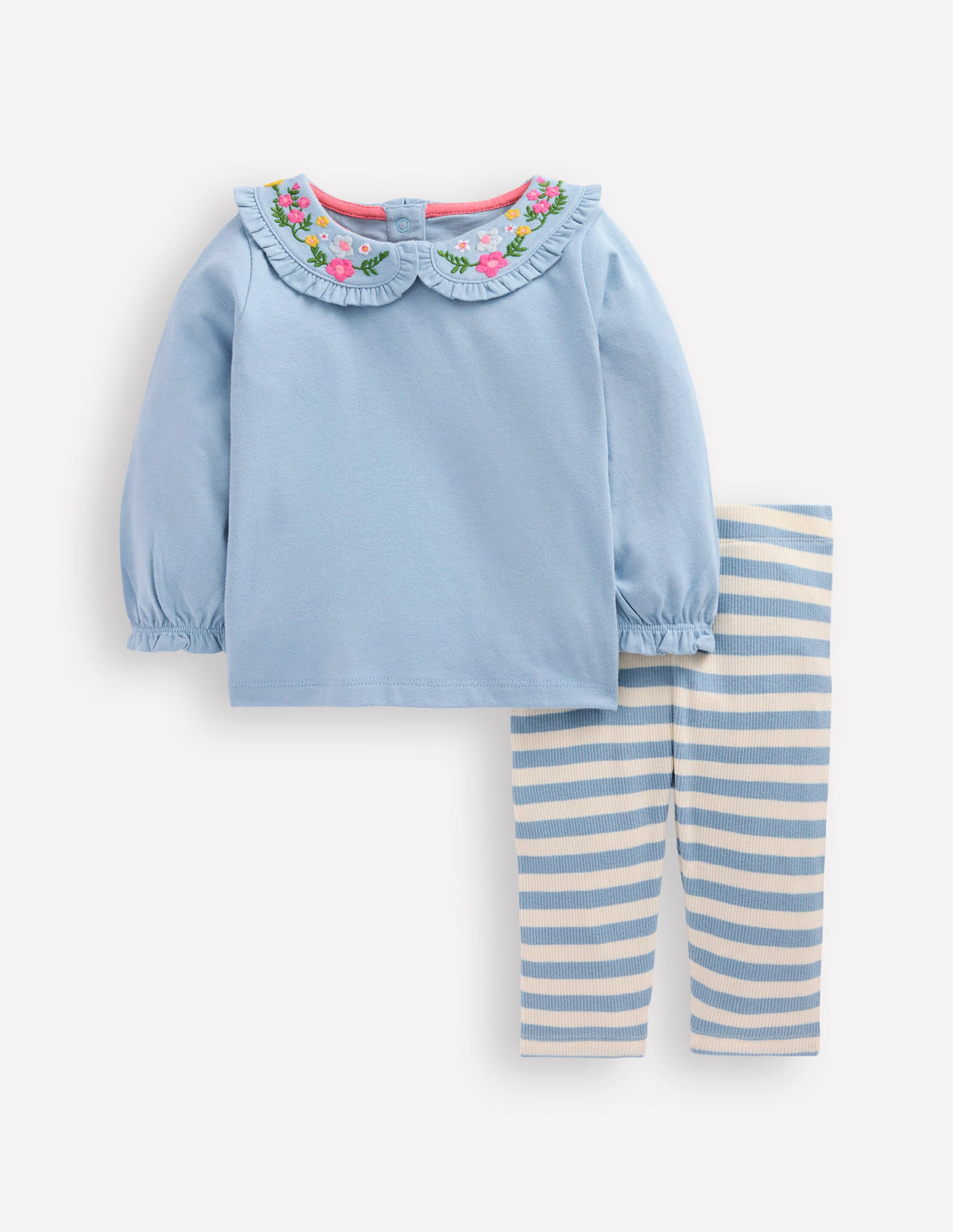 Collared Jersey Set-Blue Floral Embroidery-1
