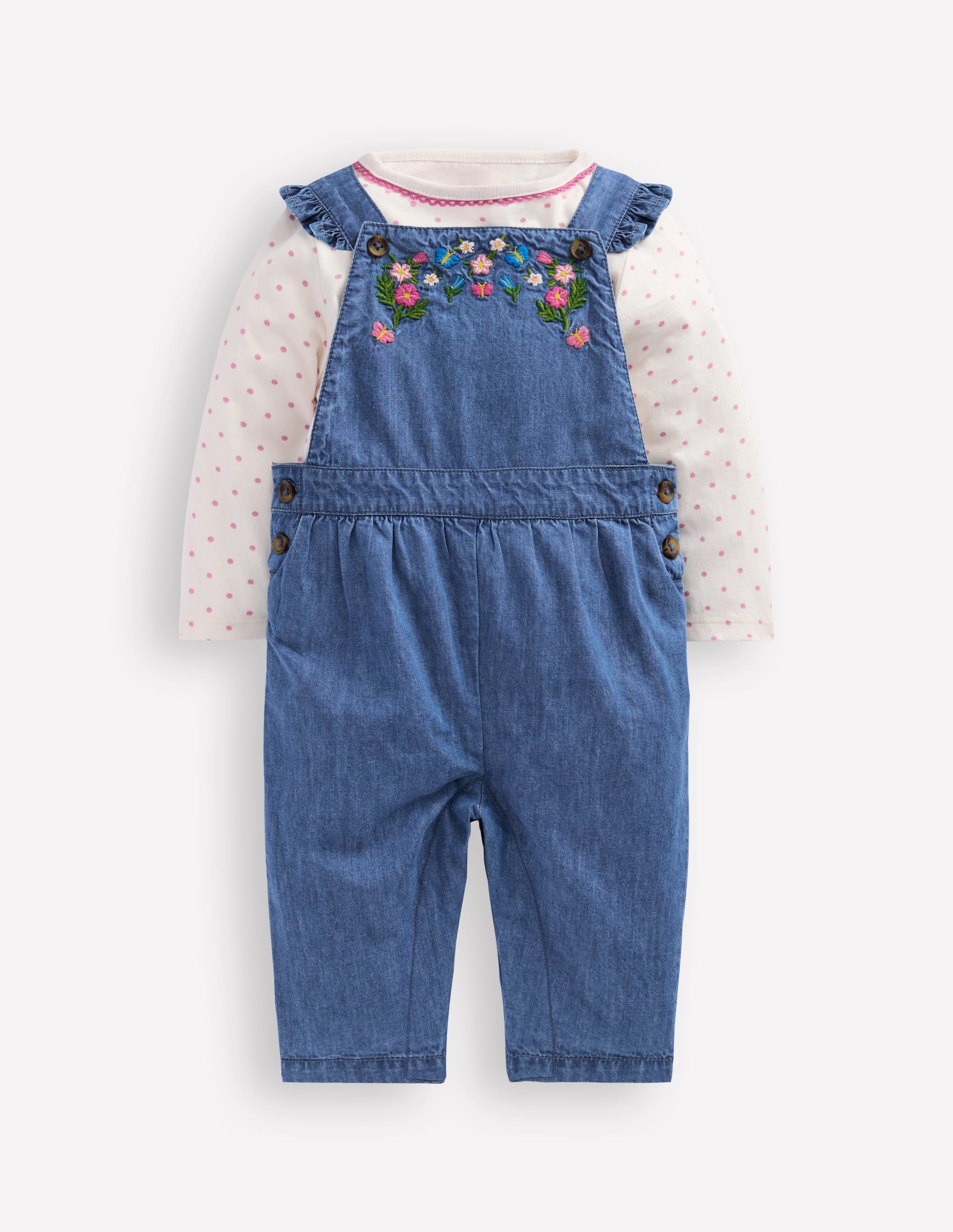 Gewebtes Latzhosen-Set-Blau Chambray Stickerei - Image 1