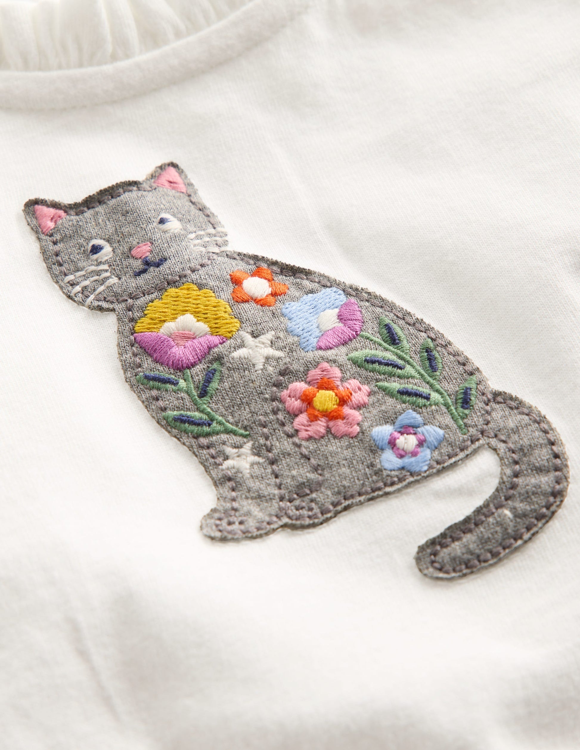 T-Shirt mit Applikation-Sanftes Naturweiß Katze-3
