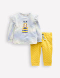 Ensemble en jersey à appliqué-Rayé bleu vintage et ivoire