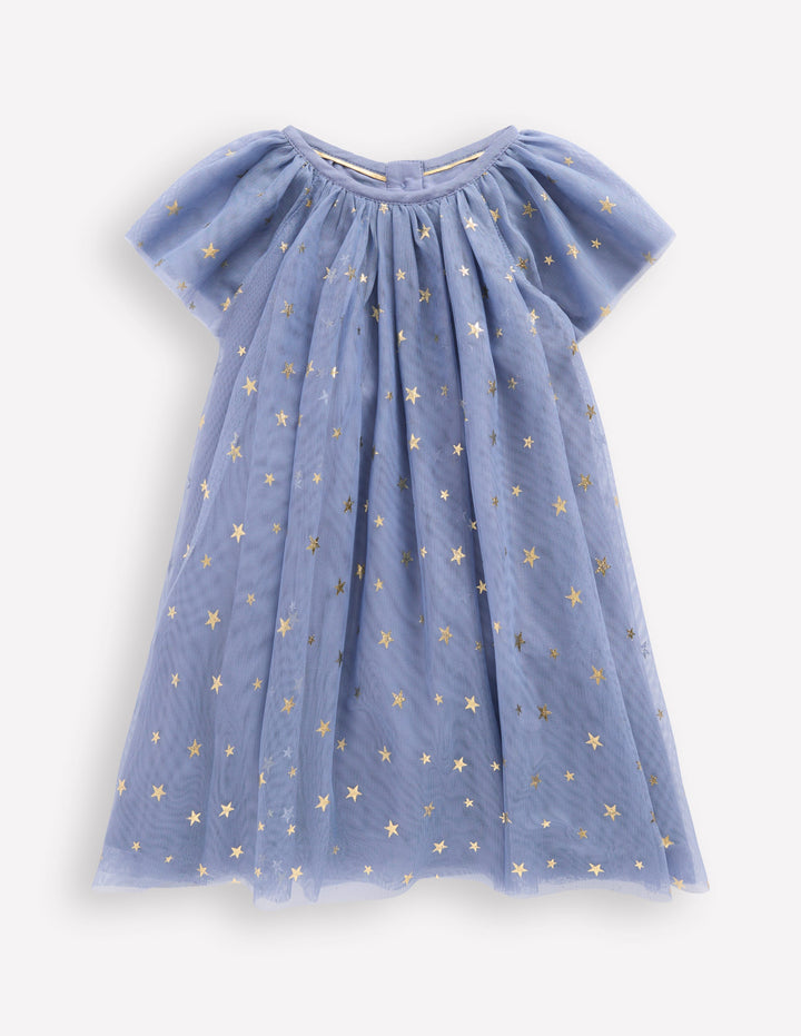 Robe avec superposition en tulle-Étoiles dorées métallisées bleu