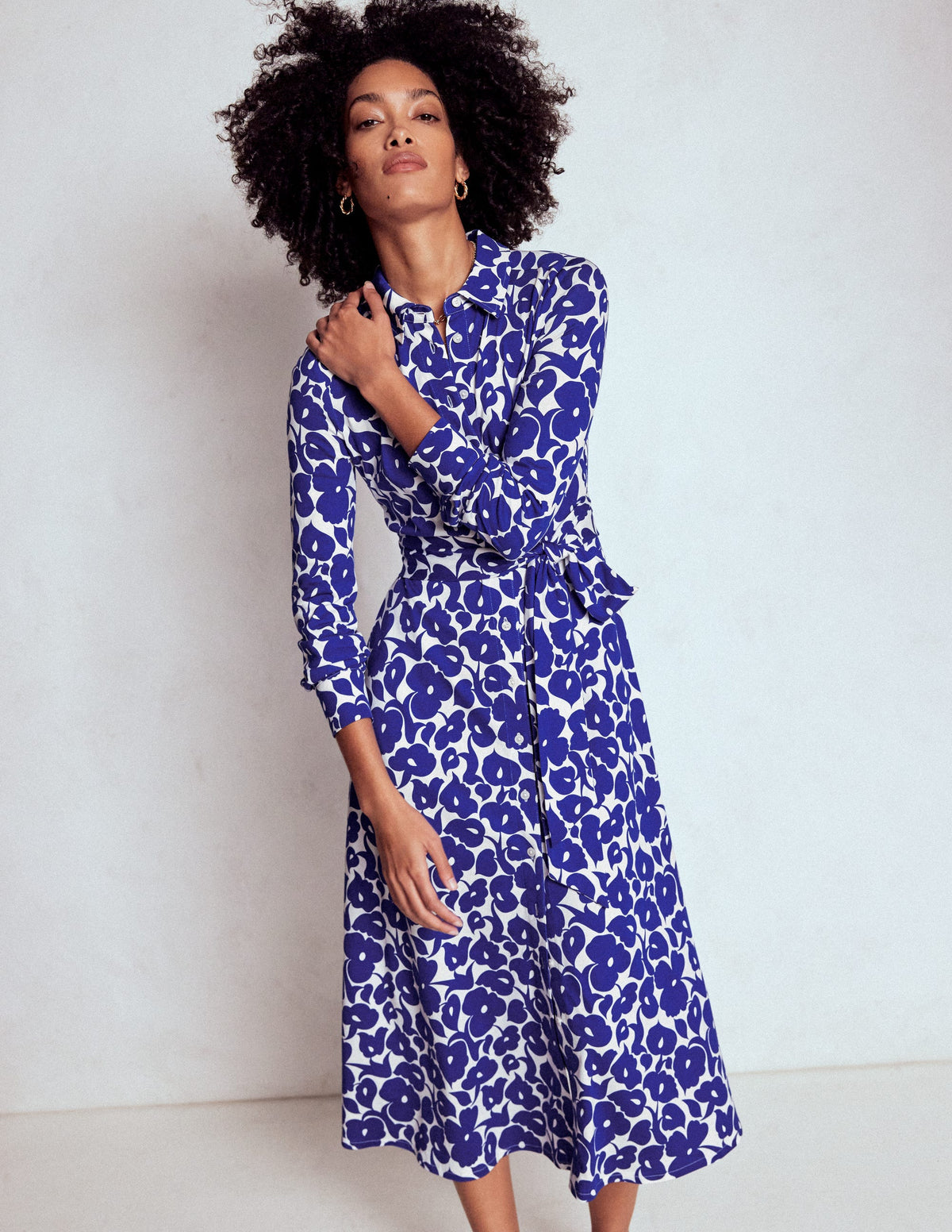 Marcia Jersey Shirt Dress-Bright Blue, Leafy Grove - Image 1