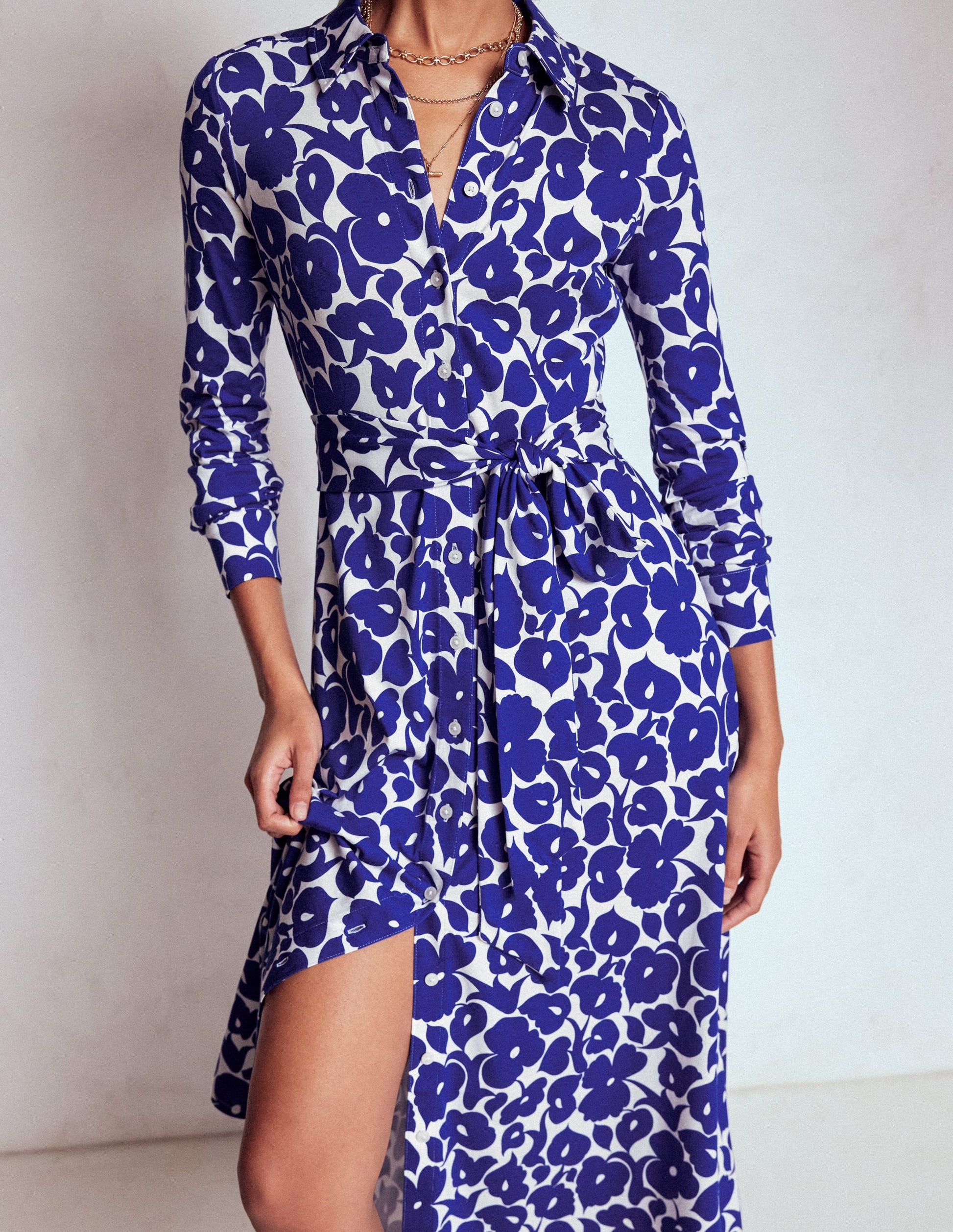 Marcia Jersey Shirt Dress-Bright Blue, Leafy Grove-2