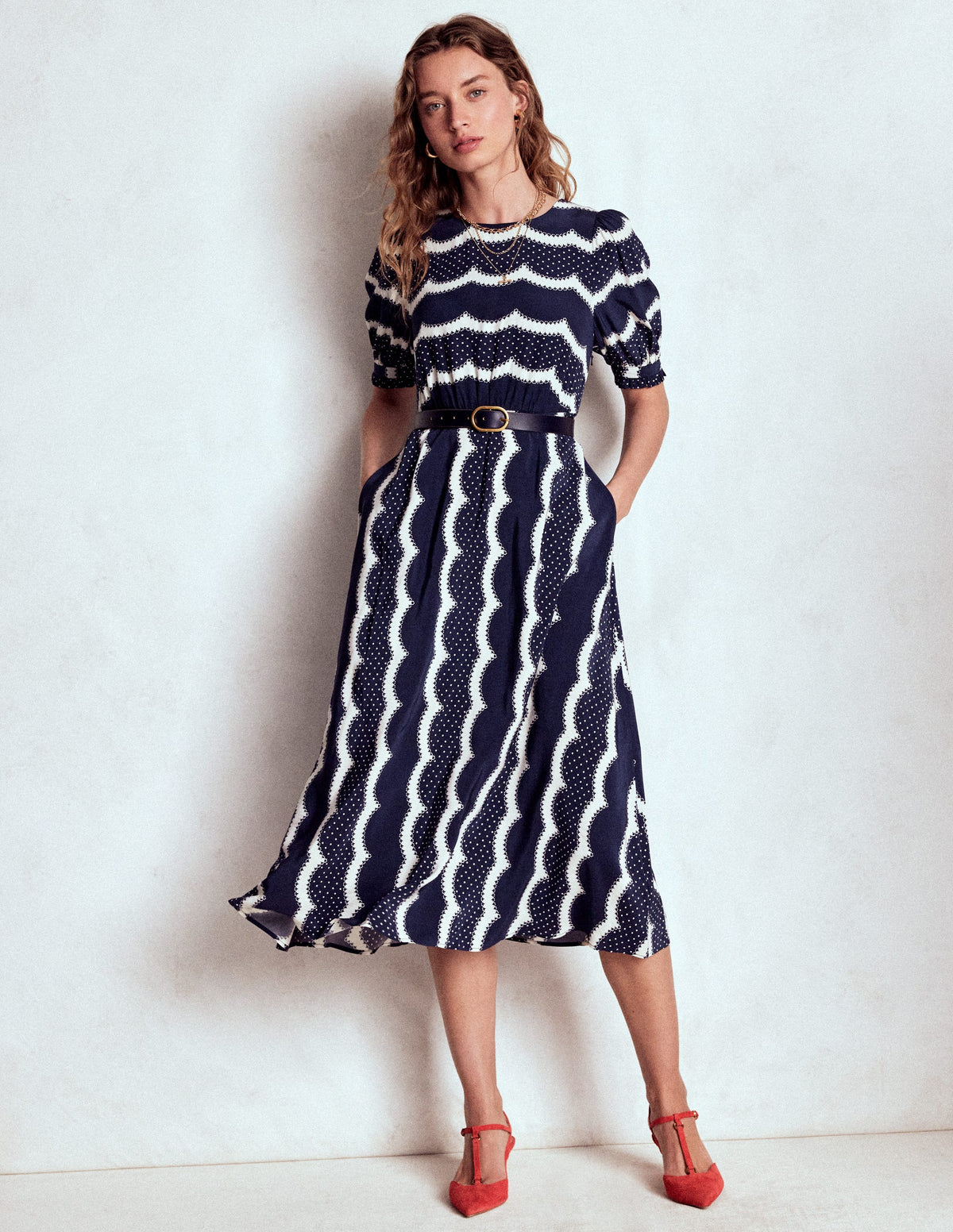 Blanca Midi Tea Dress-French Navy, Dainty Scallop-4