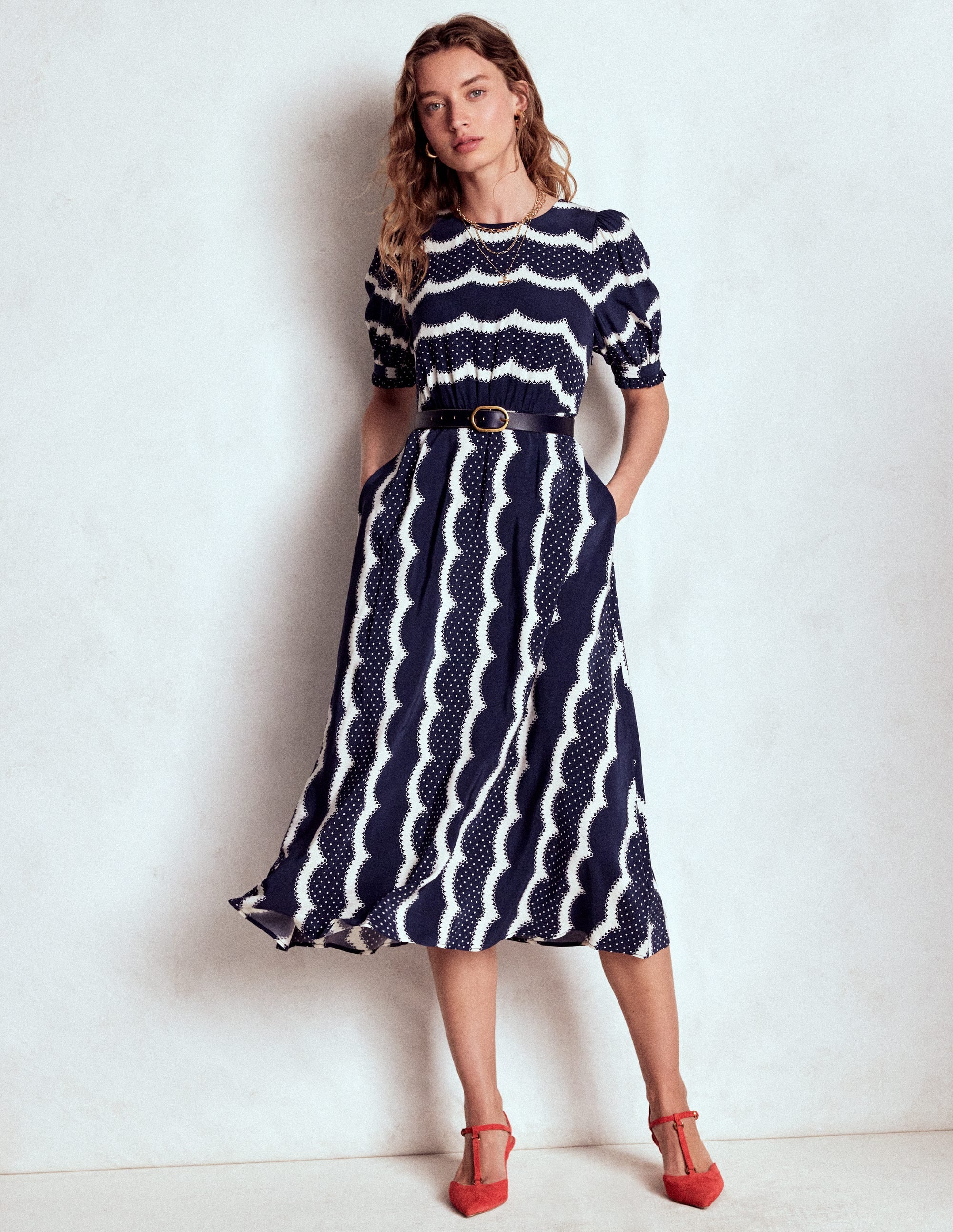 Blanca Midi Tea Dress-French Navy, Dainty Scallop - Image 4