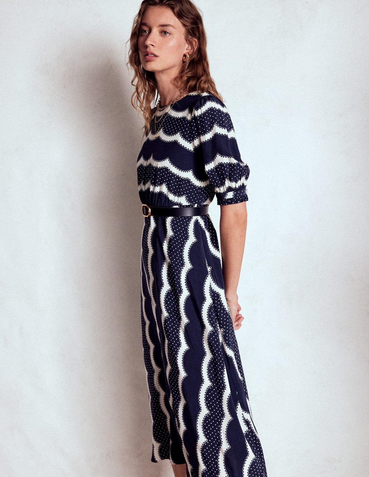 Blanca Midi Tea Dress-French Navy, Dainty Scallop - Image 6