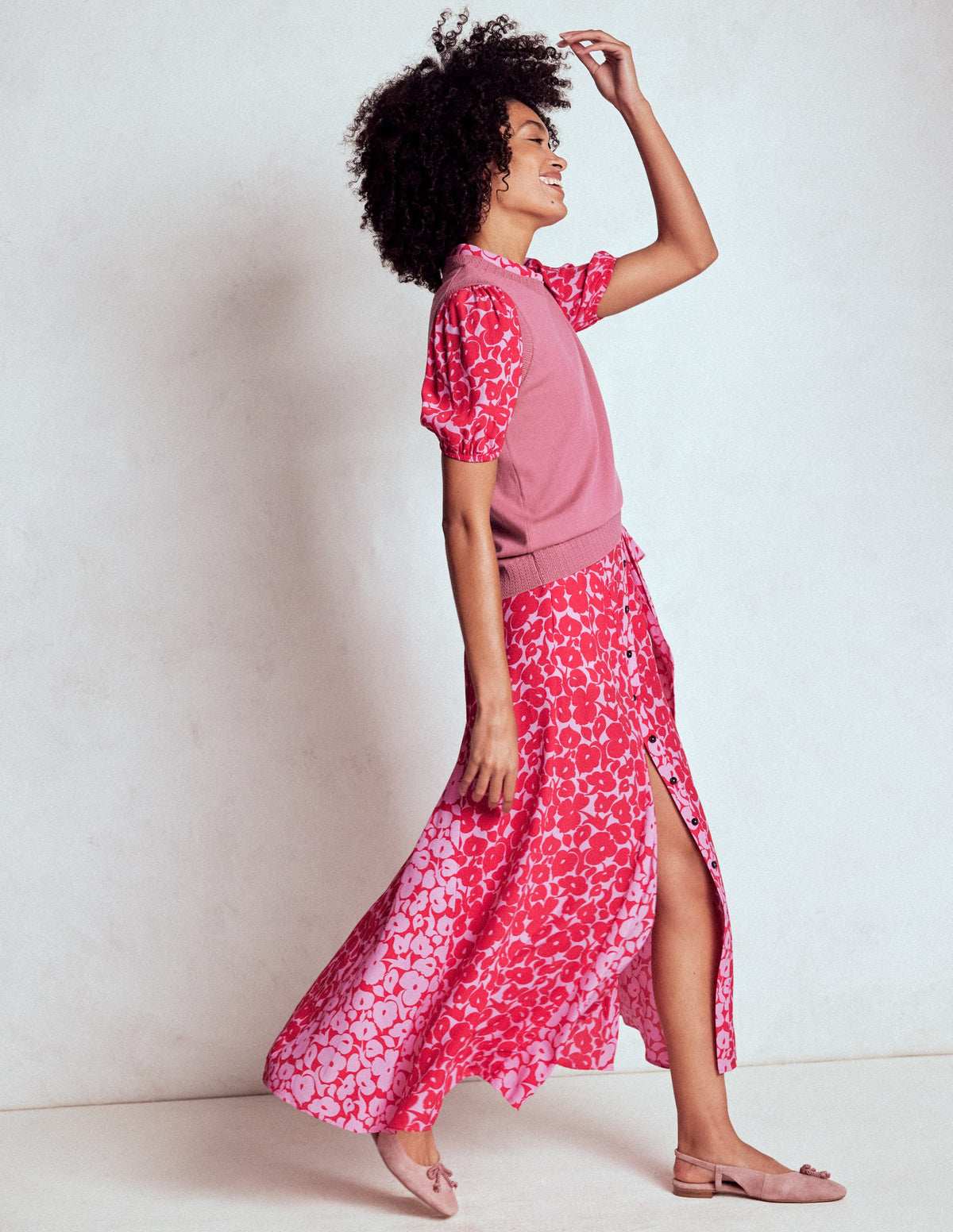 Alegra Midi-Hemdblusenkleid-Juwelenrot, Blattdesign-4