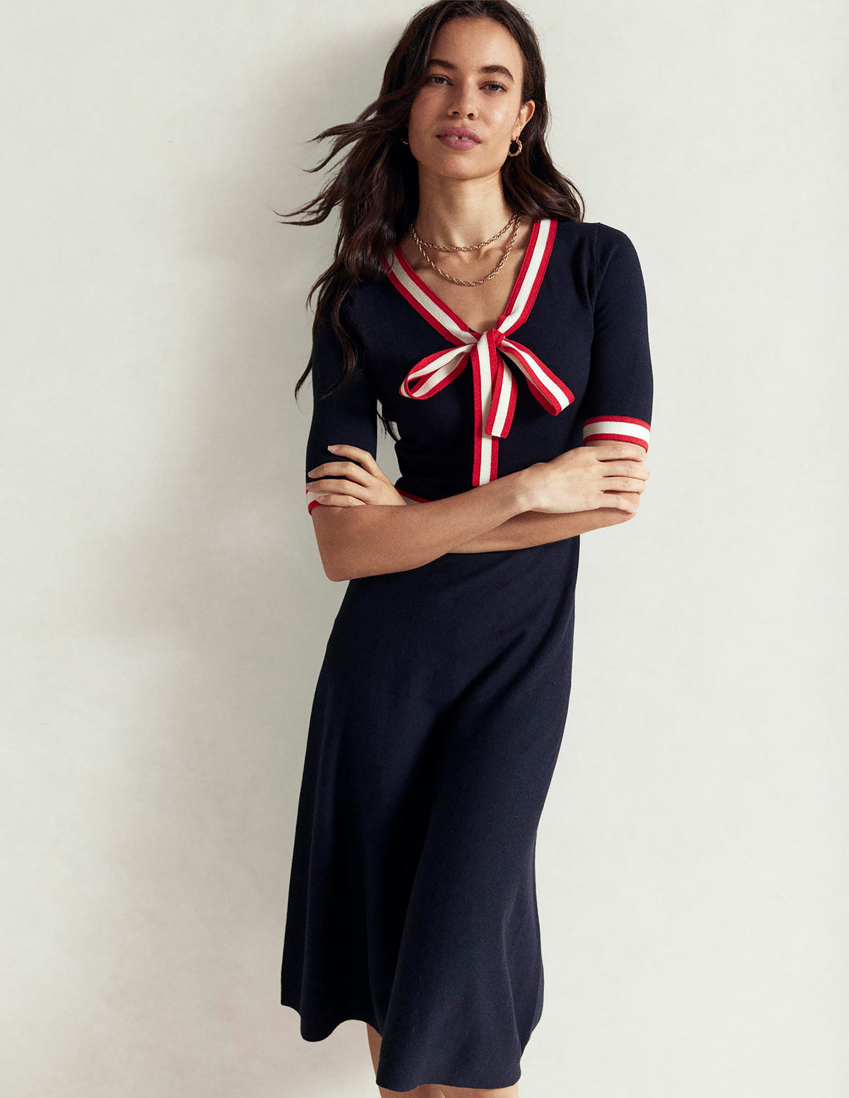 Kleid mit Schleife und Streifen-Marineblau-6