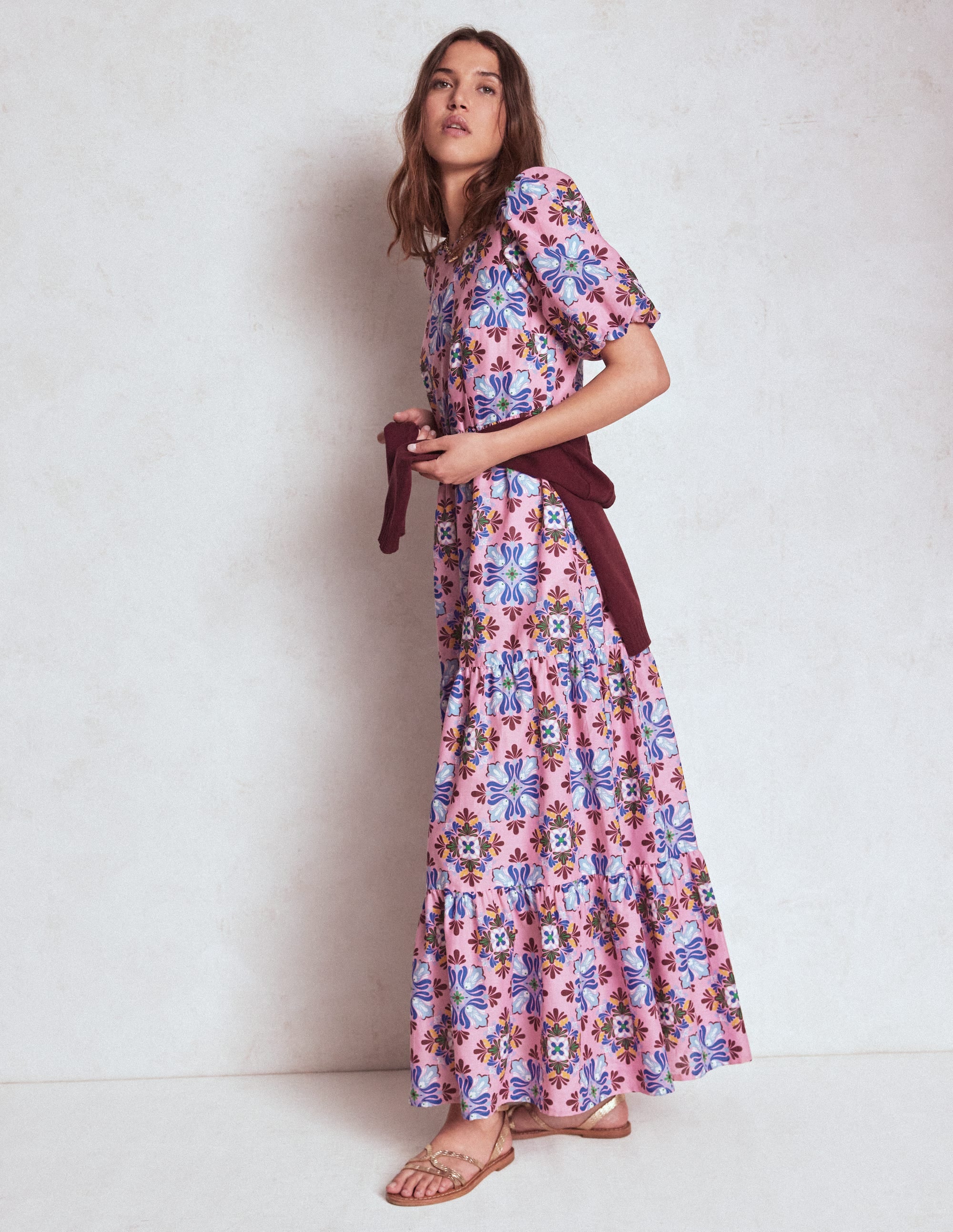 Gestuftes Popeline-Maxikleid-Kirschblütenrosa, Blütenmosaik - Image 5
