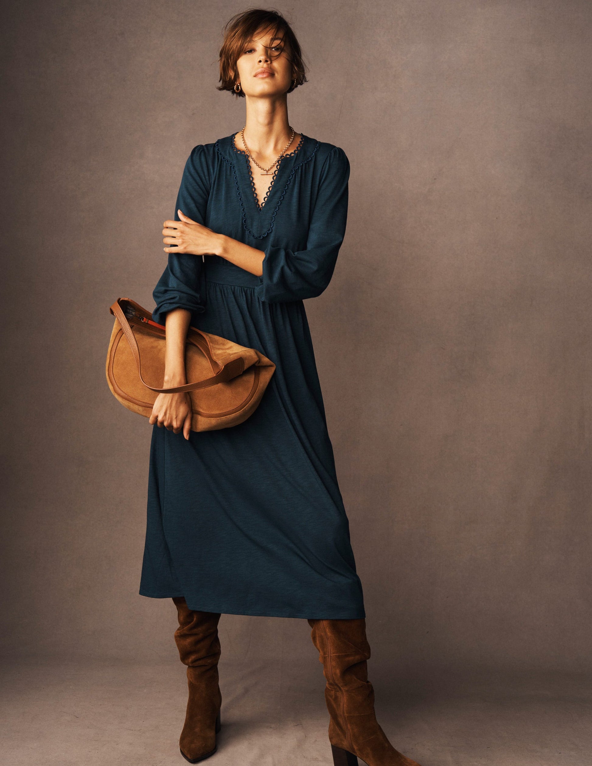 Maddie Midikleid mit Picot-Besatz-Mitternachtsblaugrün-6