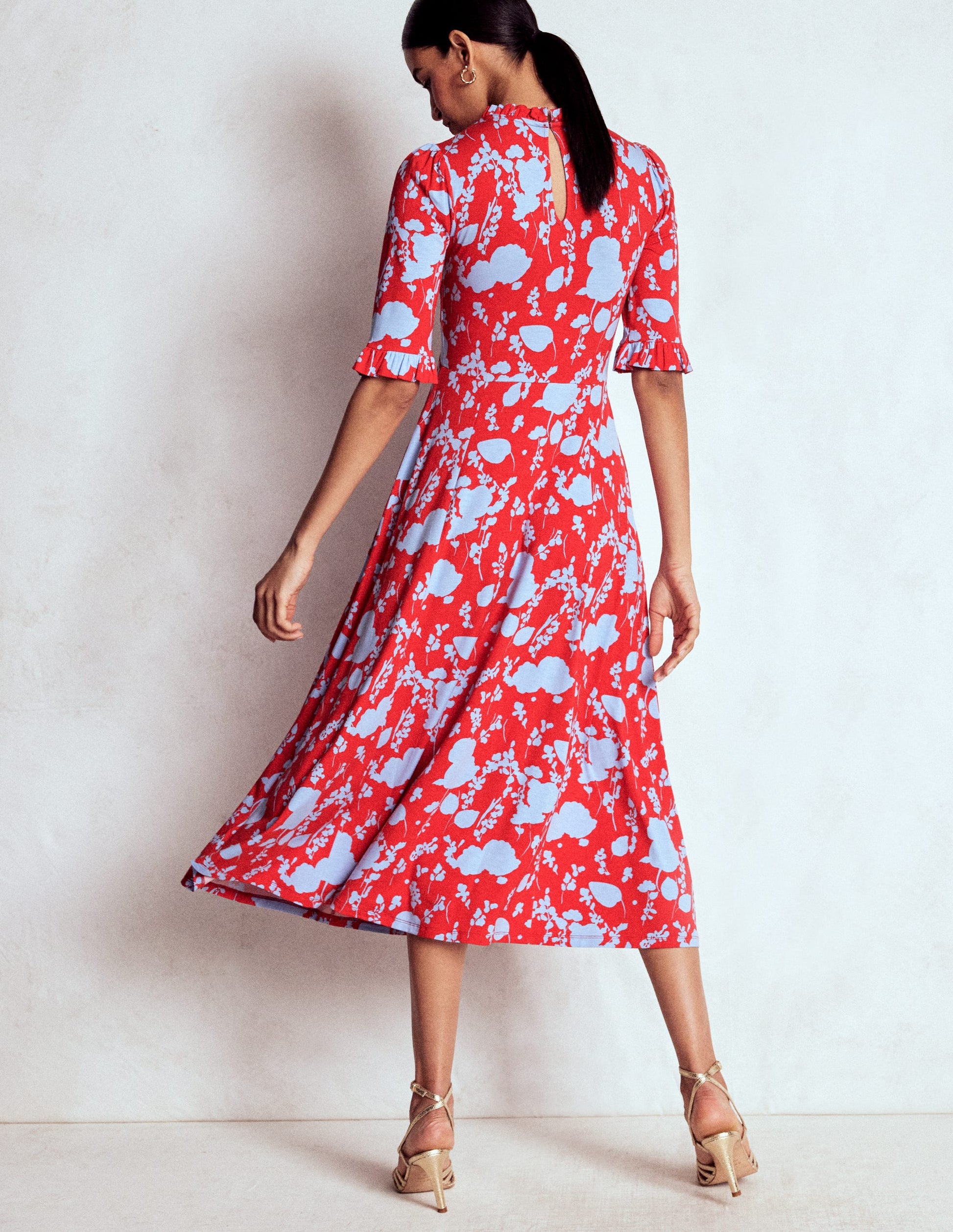 Gerüschtes Midikleid mit Ziernähten-Mohnblumenrot, Zierliche Zweige-3
