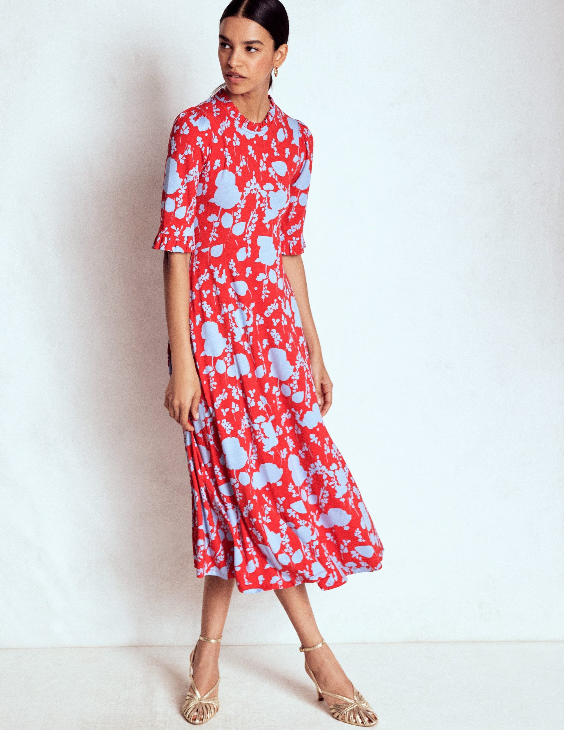 Gerüschtes Midikleid mit Ziernähten-Mohnblumenrot, Zierliche Zweige-4