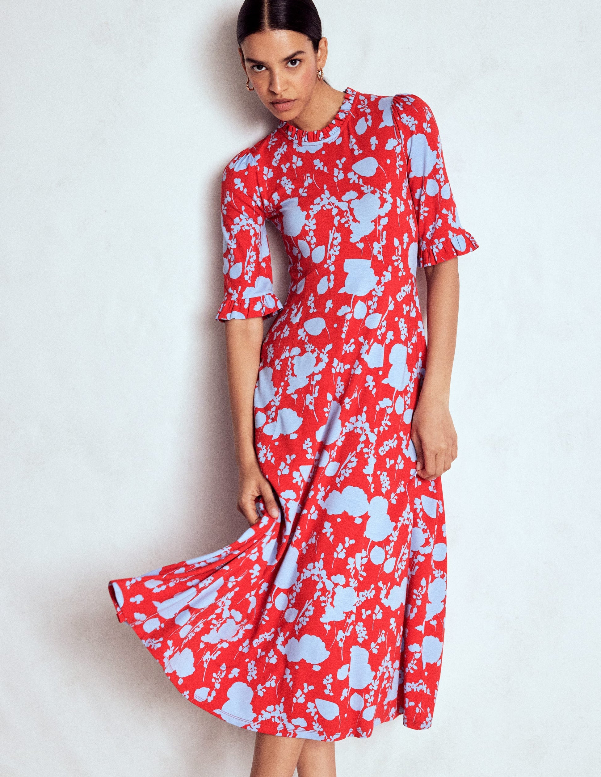 Gerüschtes Midikleid mit Ziernähten-Mohnblumenrot, Zierliche Zweige-5