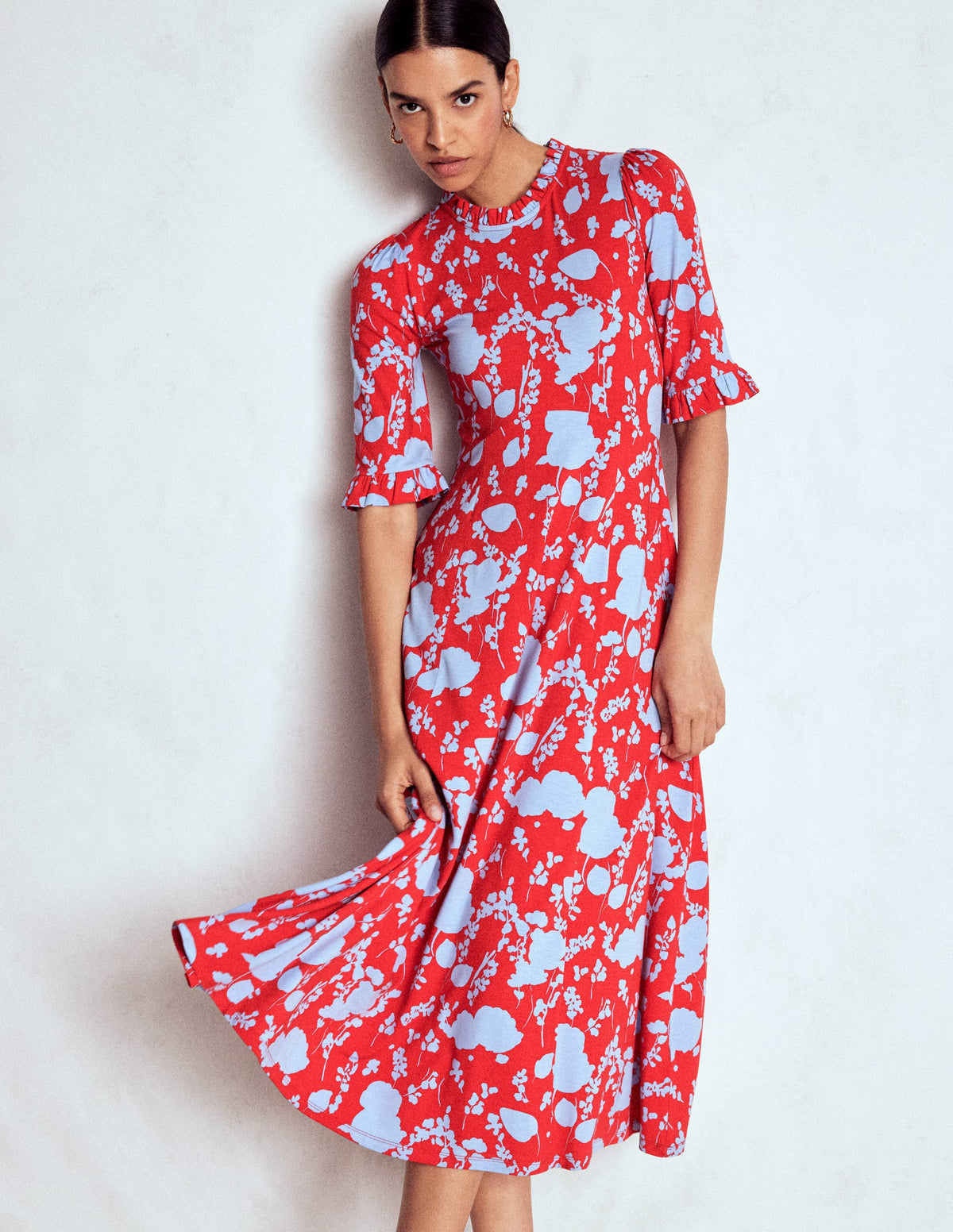 Gerüschtes Midikleid mit Ziernähten-Mohnblumenrot, Zierliche Zweige - Image 5