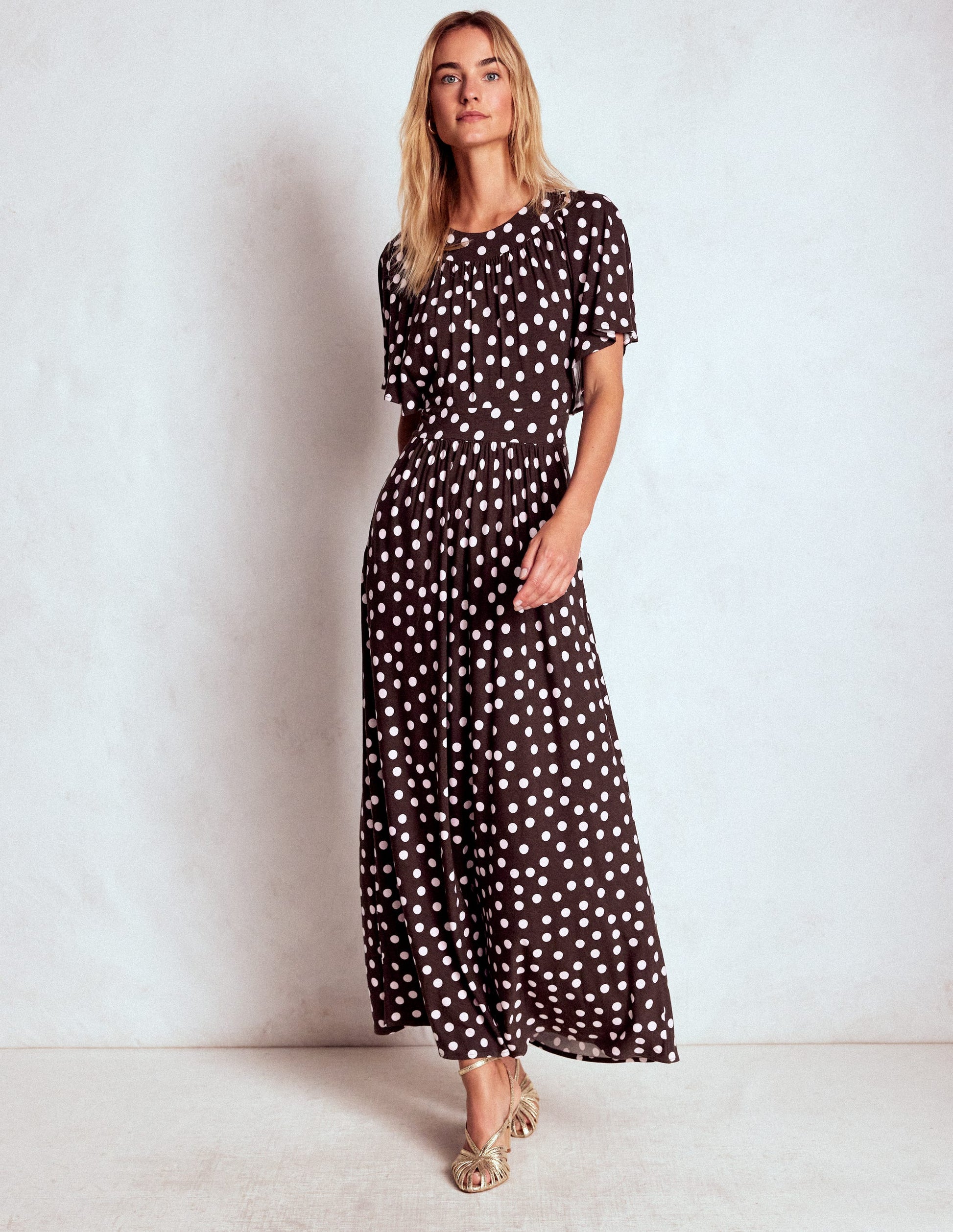 Maxikleid mit Passe-Braune Punkte-4