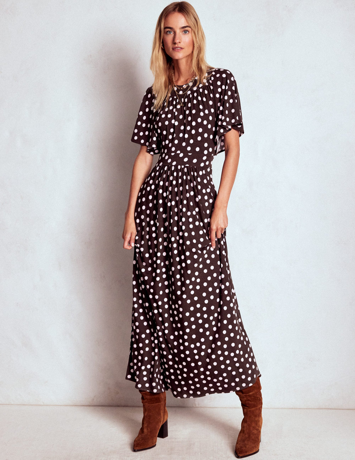 Maxikleid mit Passe-Braune Punkte-5