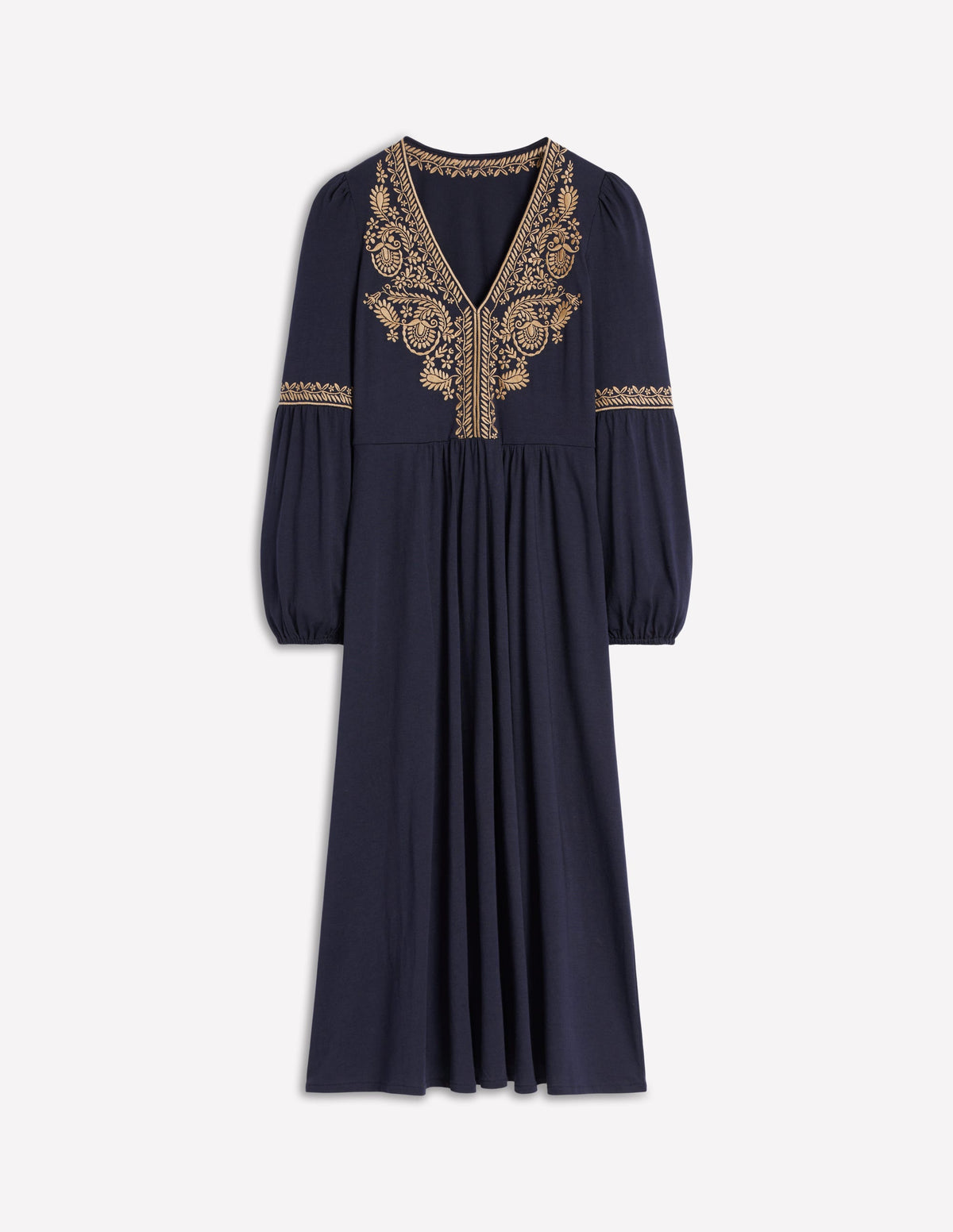 V-Neck Blouson Midi Dress-Navy-7