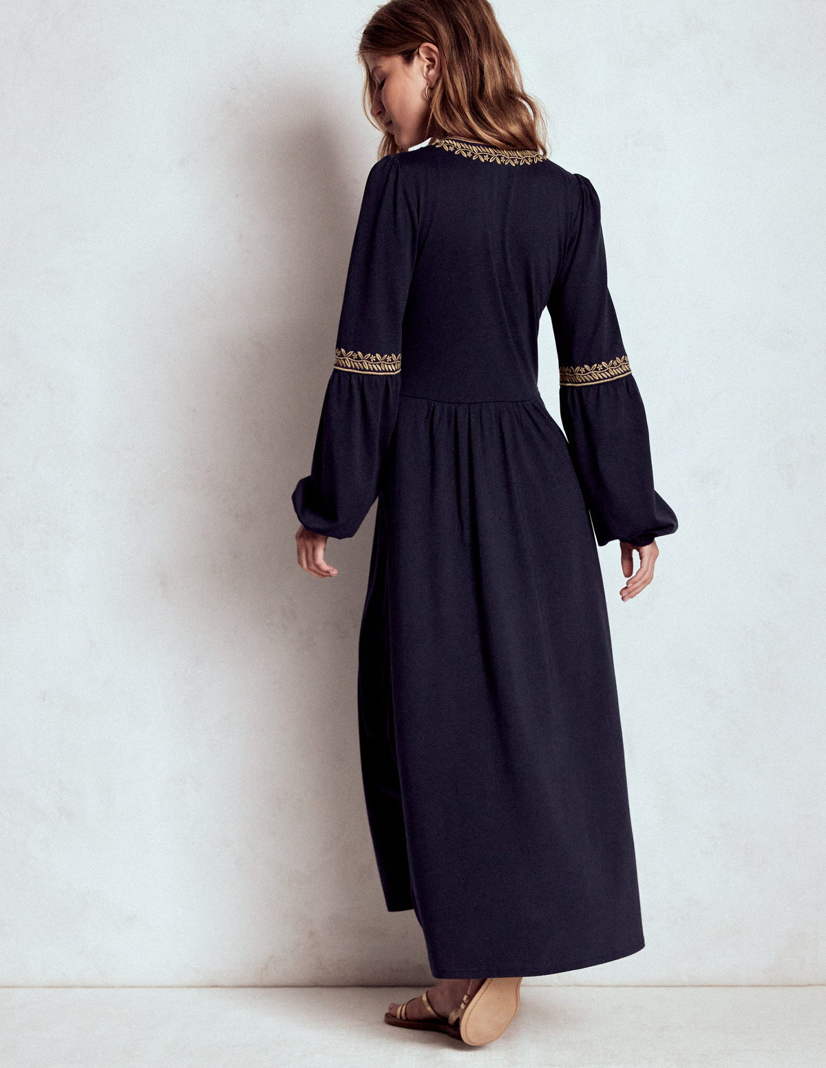 V-Neck Blouson Midi Dress-Navy - Image 3
