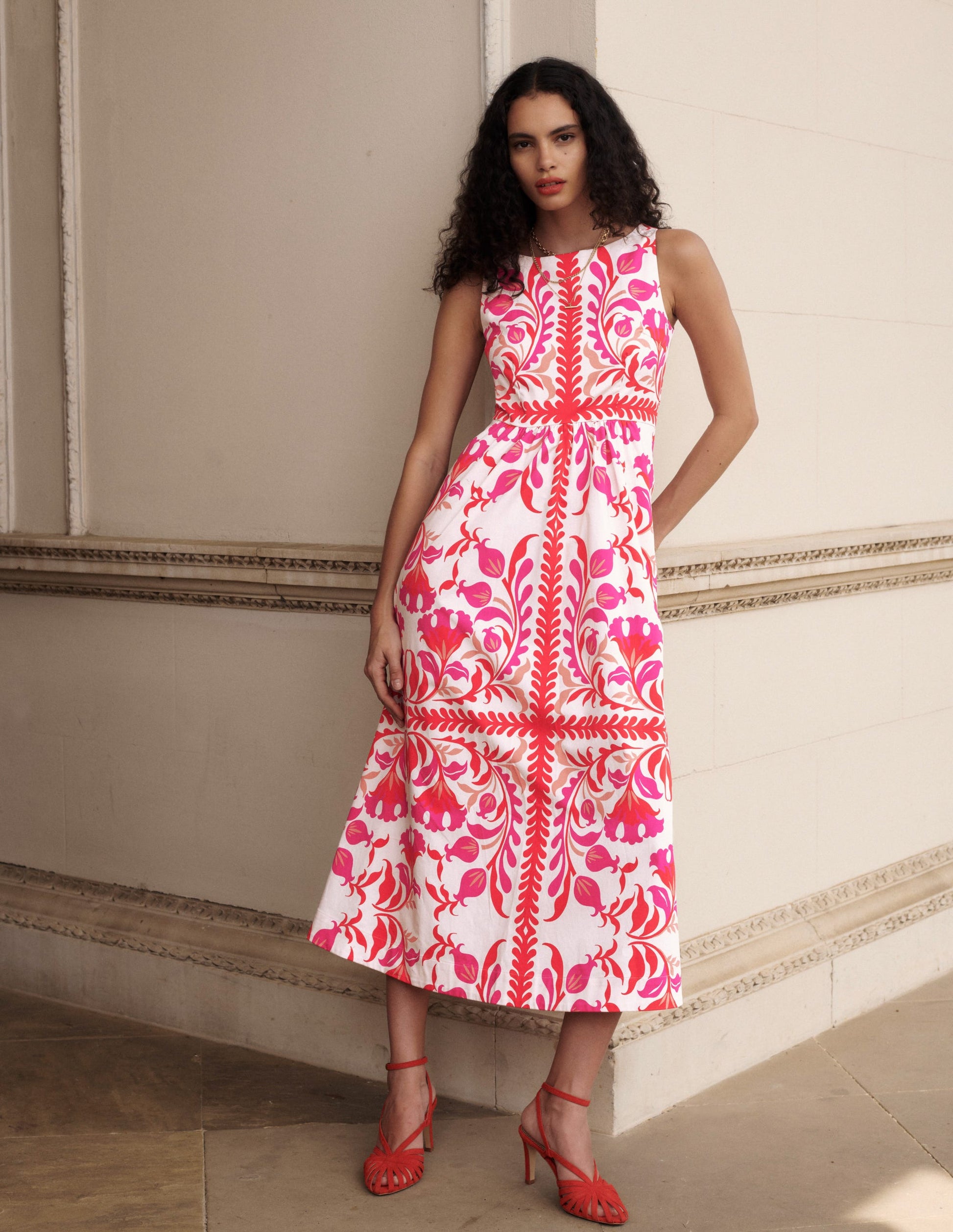 Lauren Baumwoll-Midikleid-Mohnblumenrot, florale Kunst-7