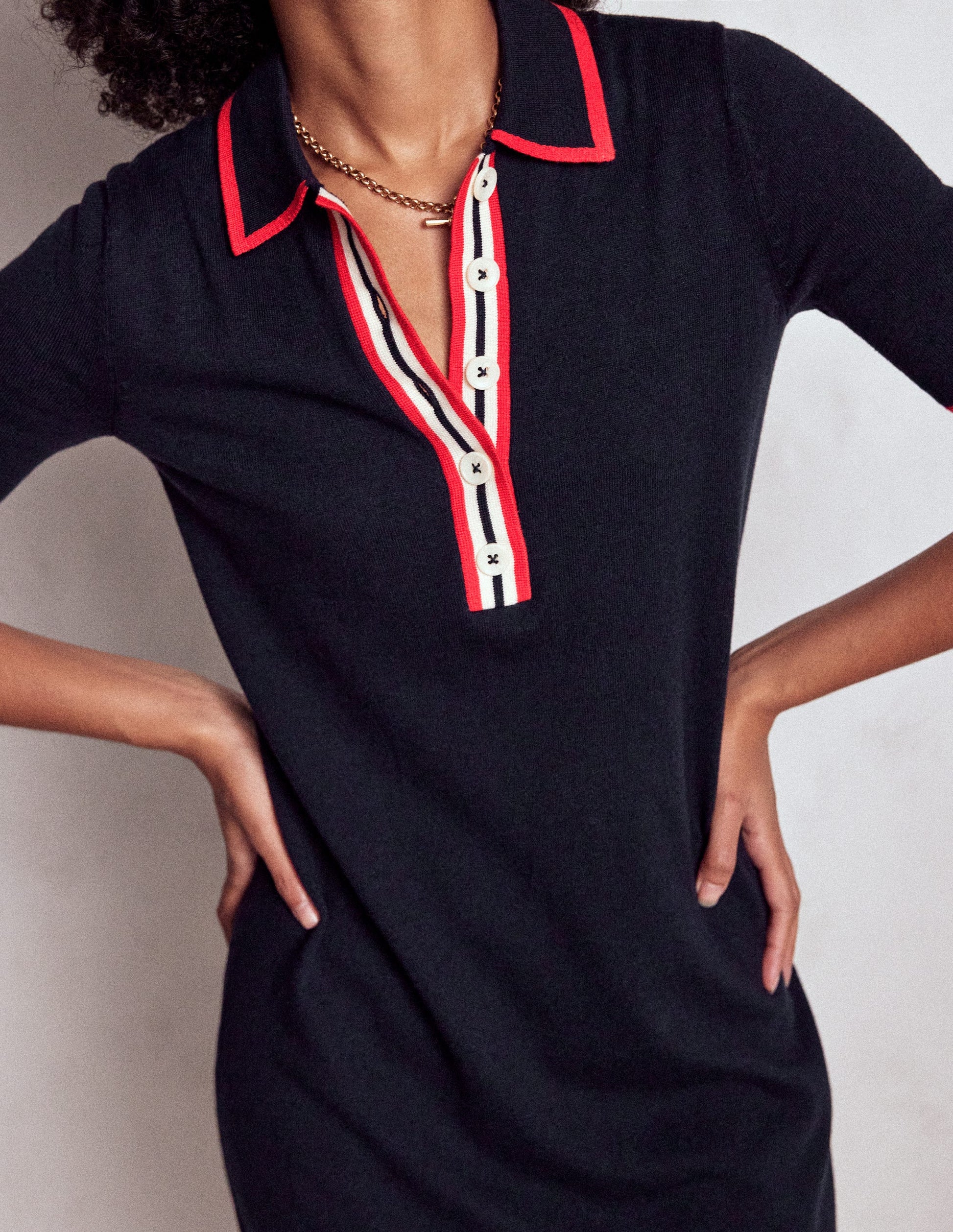 Tipped Henley Dress-Navy-2