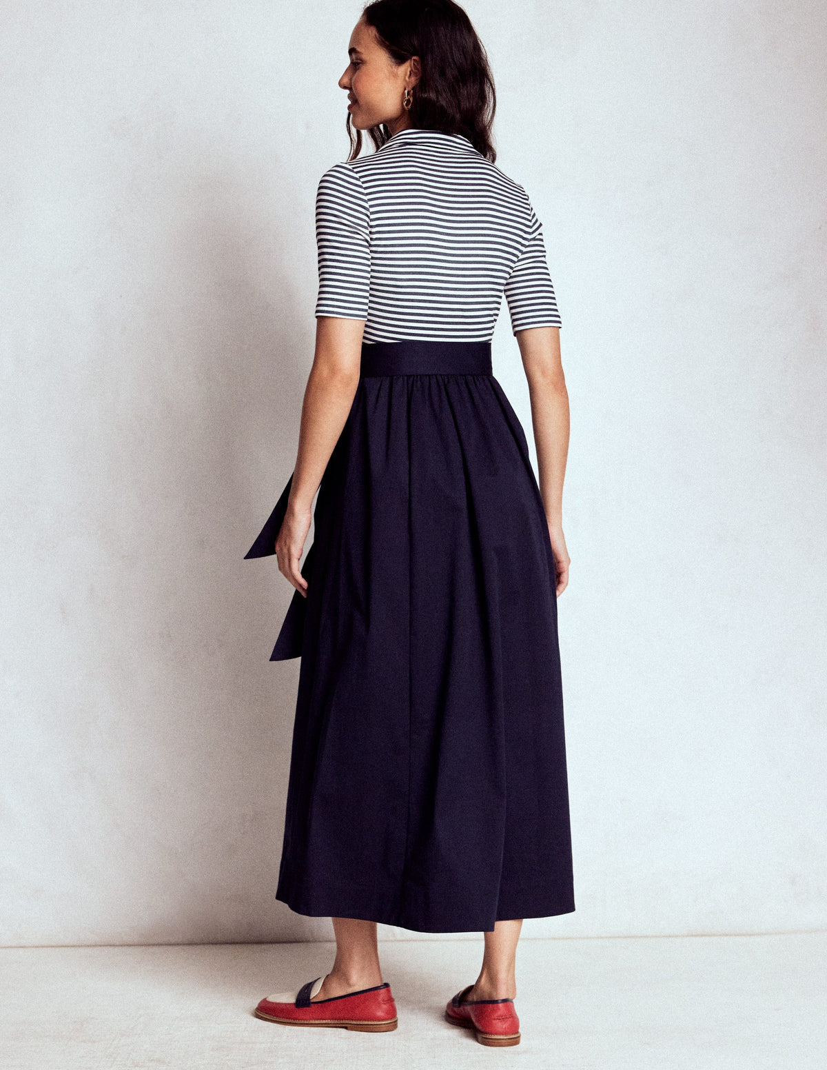 Midikleid aus Rippstick-Mix mit Kragen-Marineblau, Naturweiß Gestreift-3