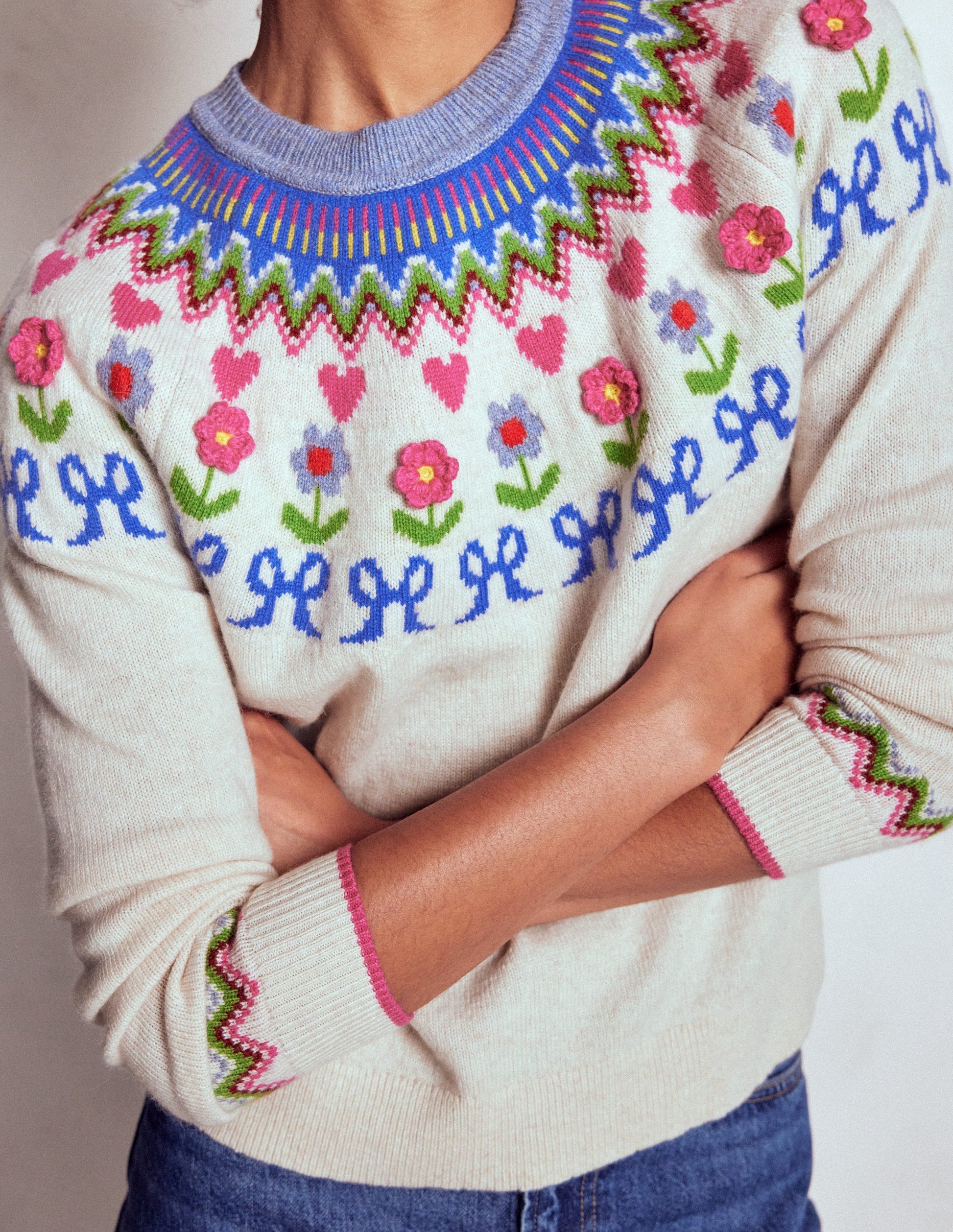 Edie Fair-Isle-Pullover-Haferbeige Meliert, Blumen-2