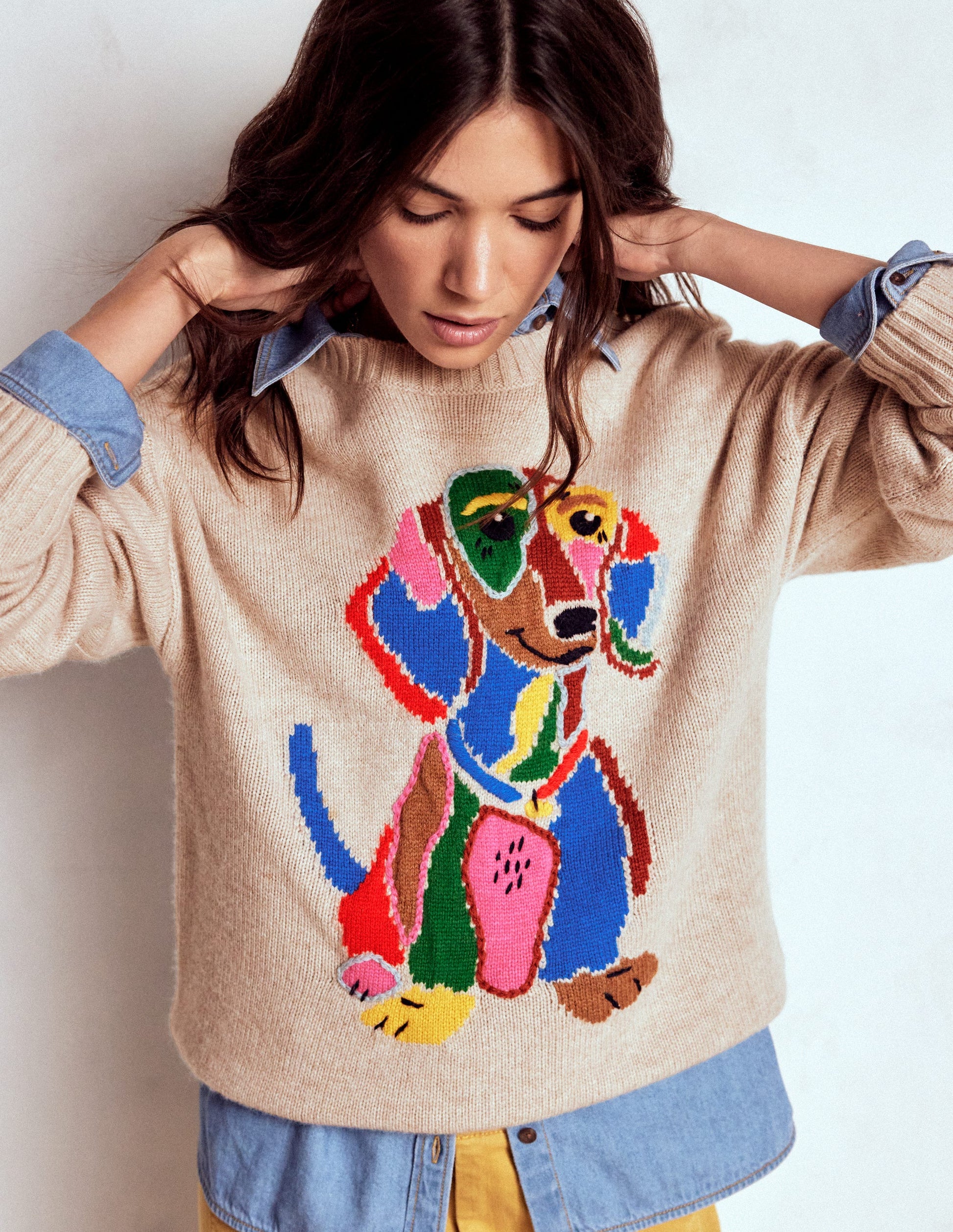Natalie Pullover mit Stickerei-Haferbeige Melange, Dackel-2