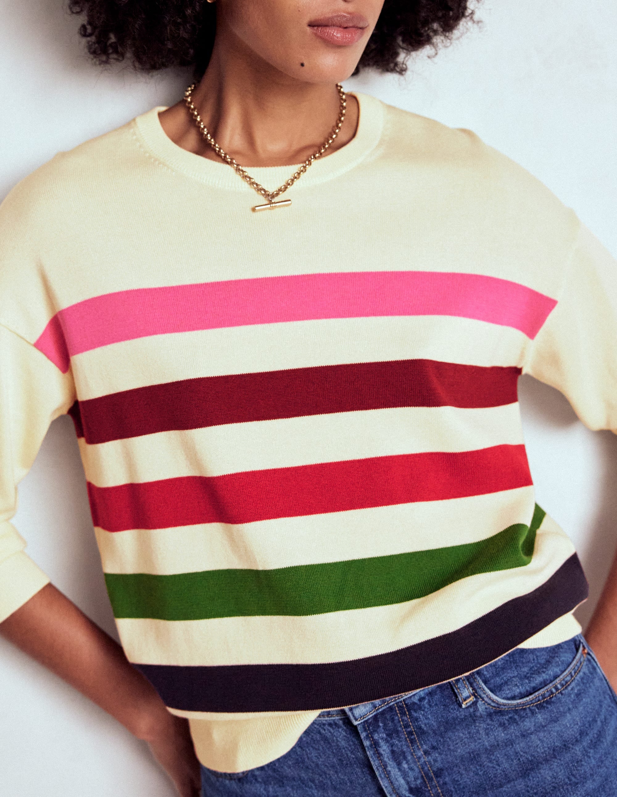 Lara Relaxed Cotton Jumper-Ivory, Multi Stripe - Image 2