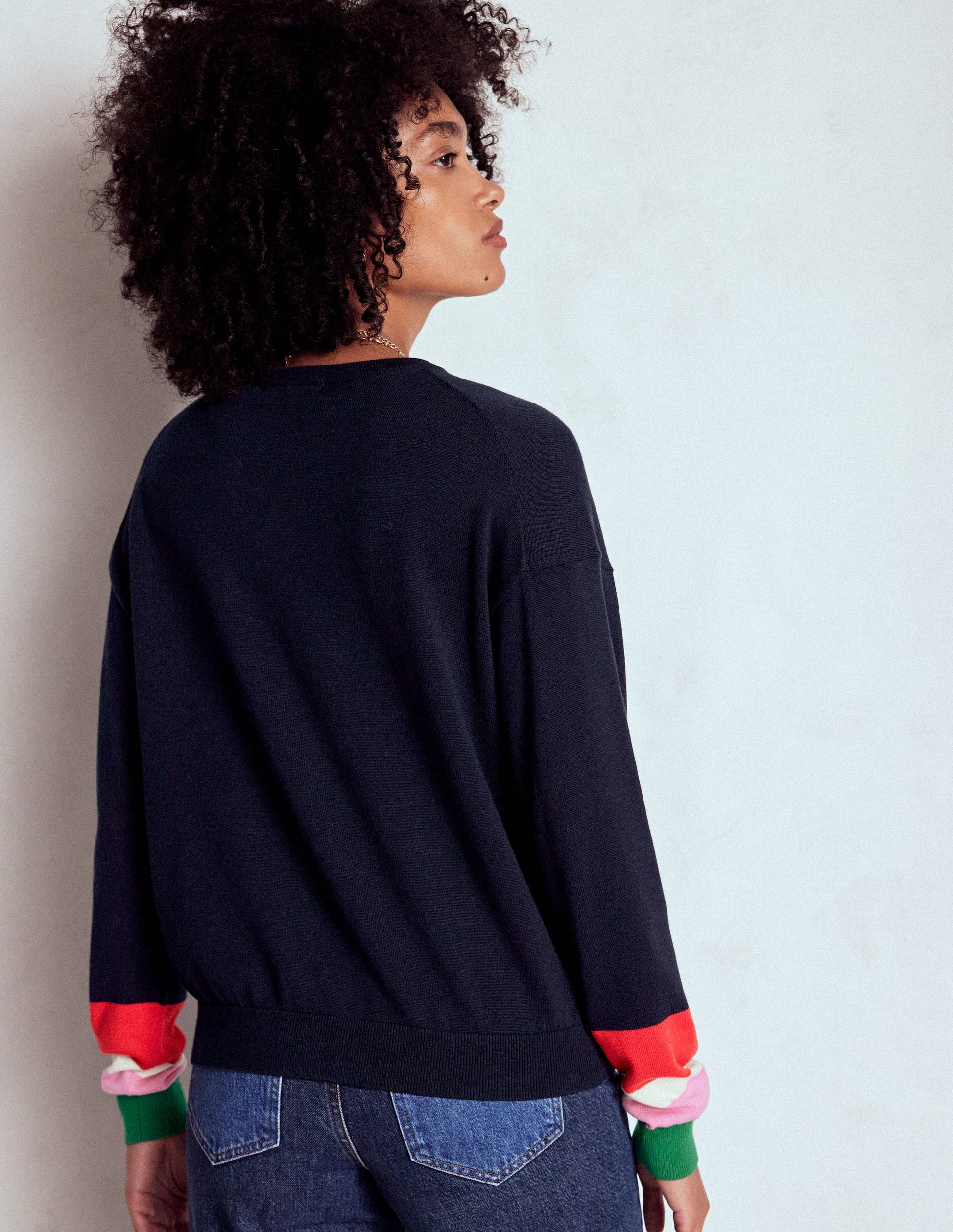 Lara Lockerer Baumwollpullover-Marineblau Gestreifte Manschetten-3