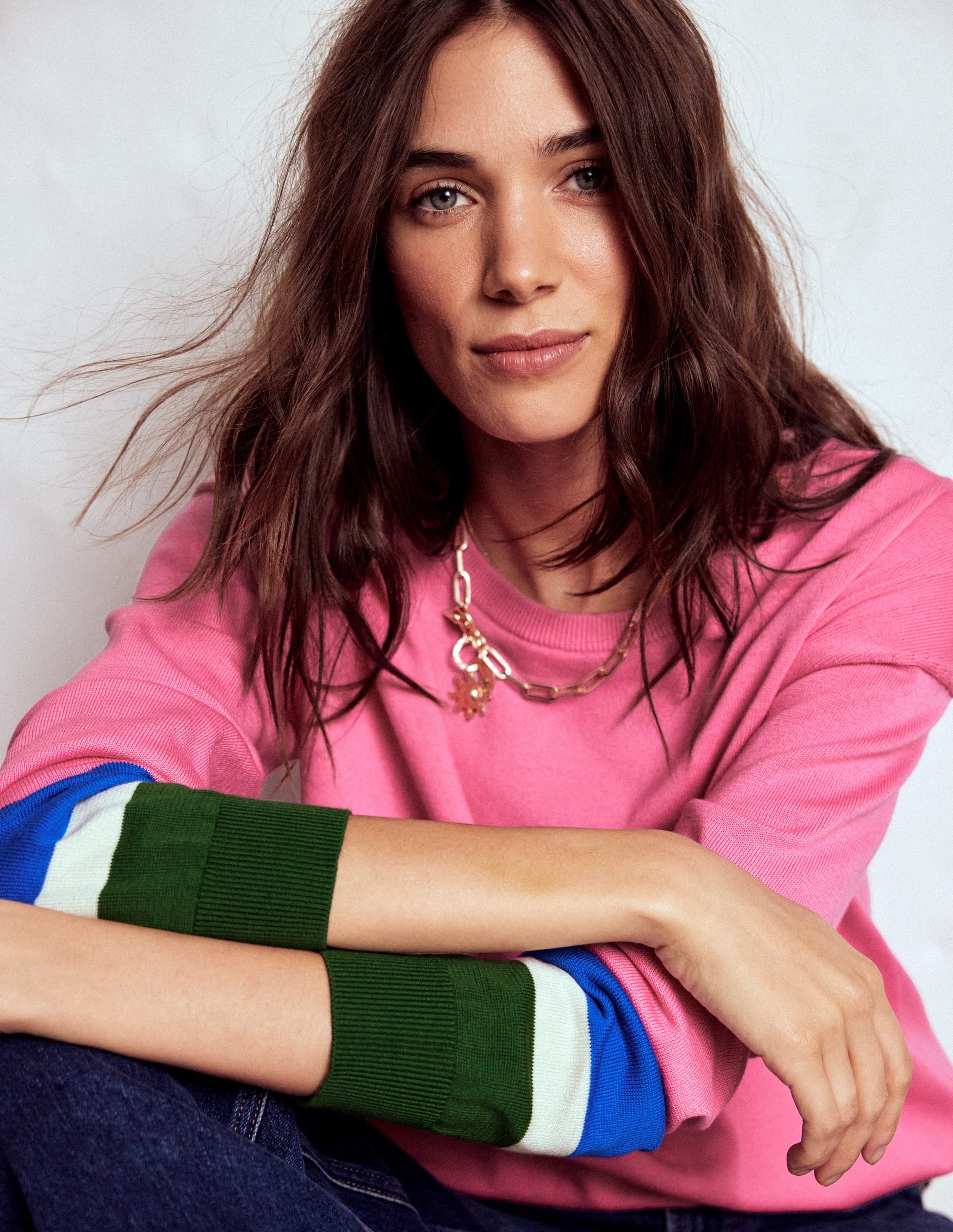 Lara Lockerer Baumwollpullover-Rosa Limonade, Gestreifte Manschetten - Image 1