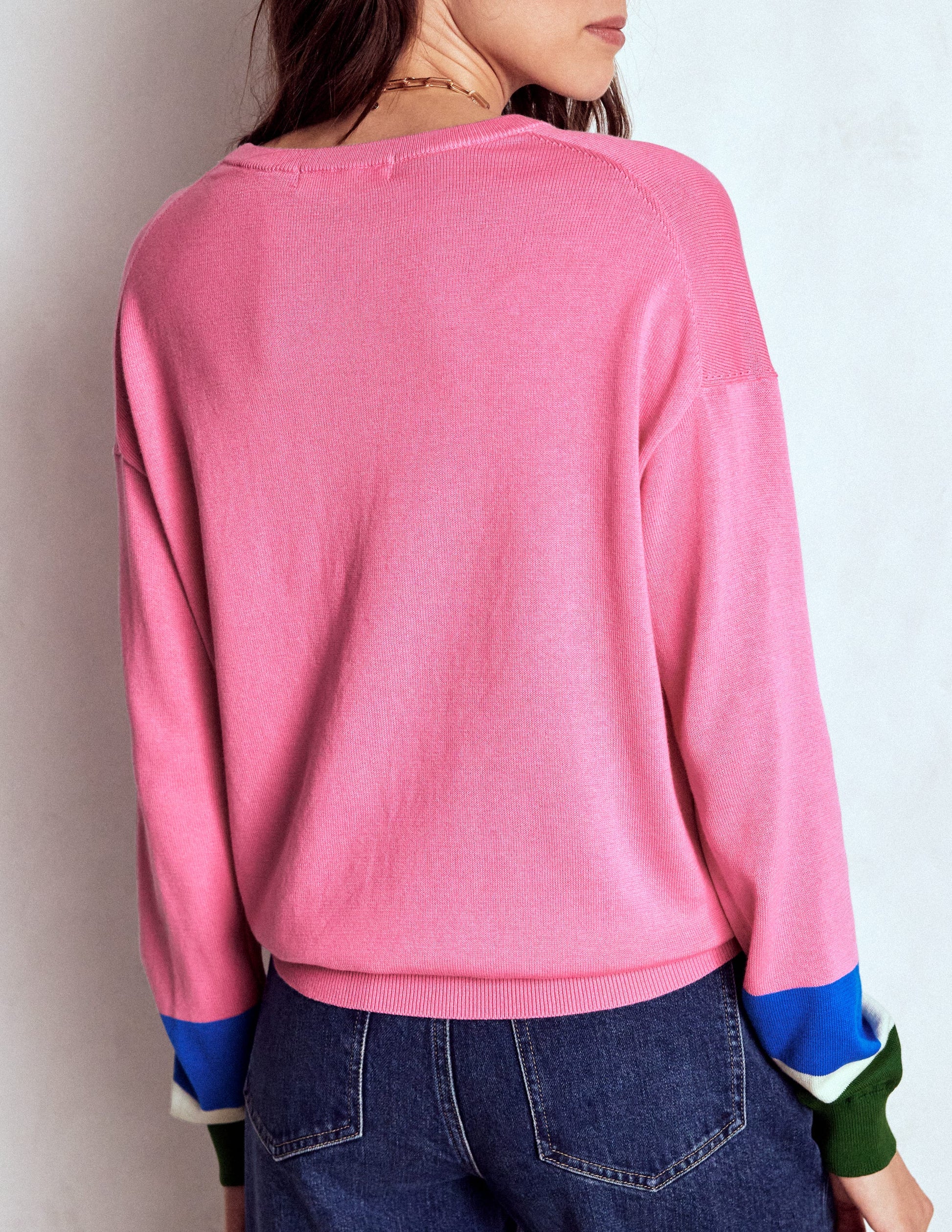 Lara Lockerer Baumwollpullover-Rosa Limonade, Gestreifte Manschetten-3