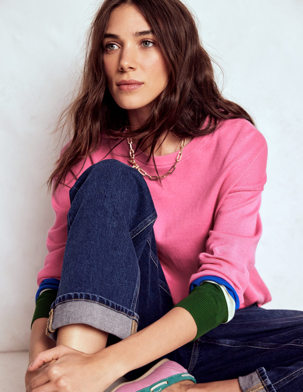 Lara Lockerer Baumwollpullover-Rosa Limonade, Gestreifte Manschetten - Image 4
