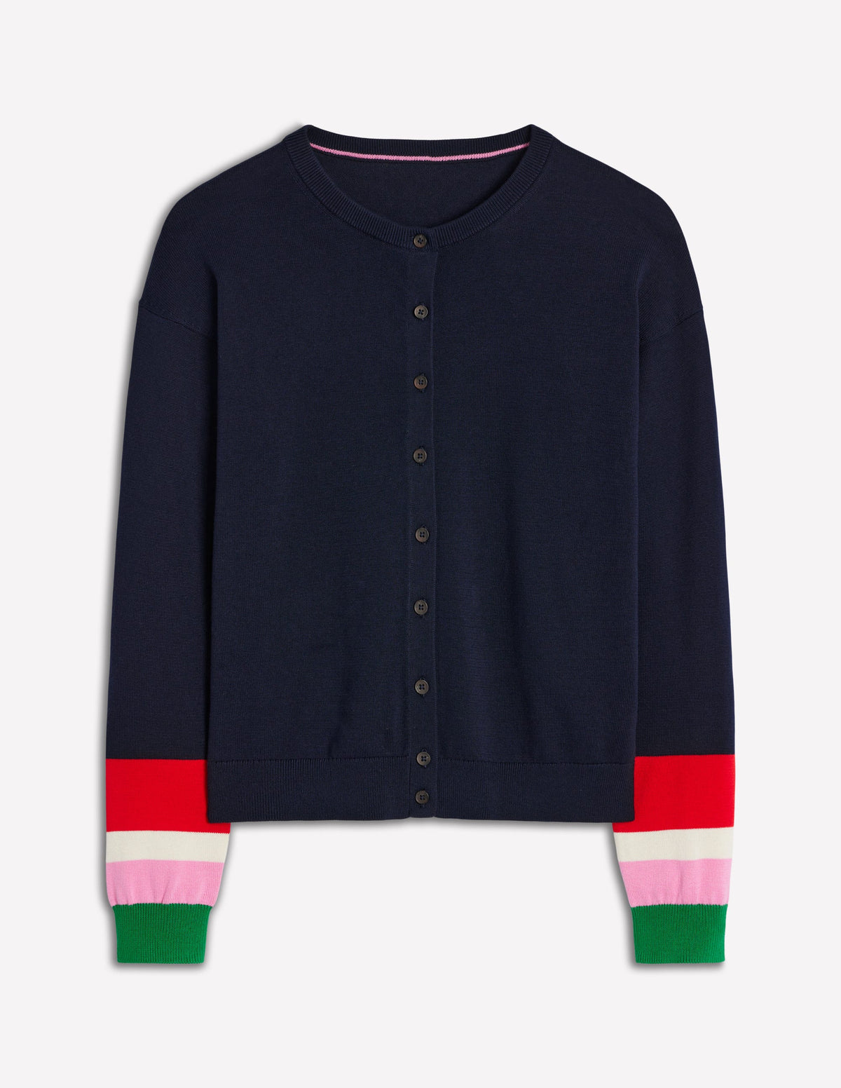 Lara Relaxed Cotton Cardigan-Navy, Cuff Stripe-5