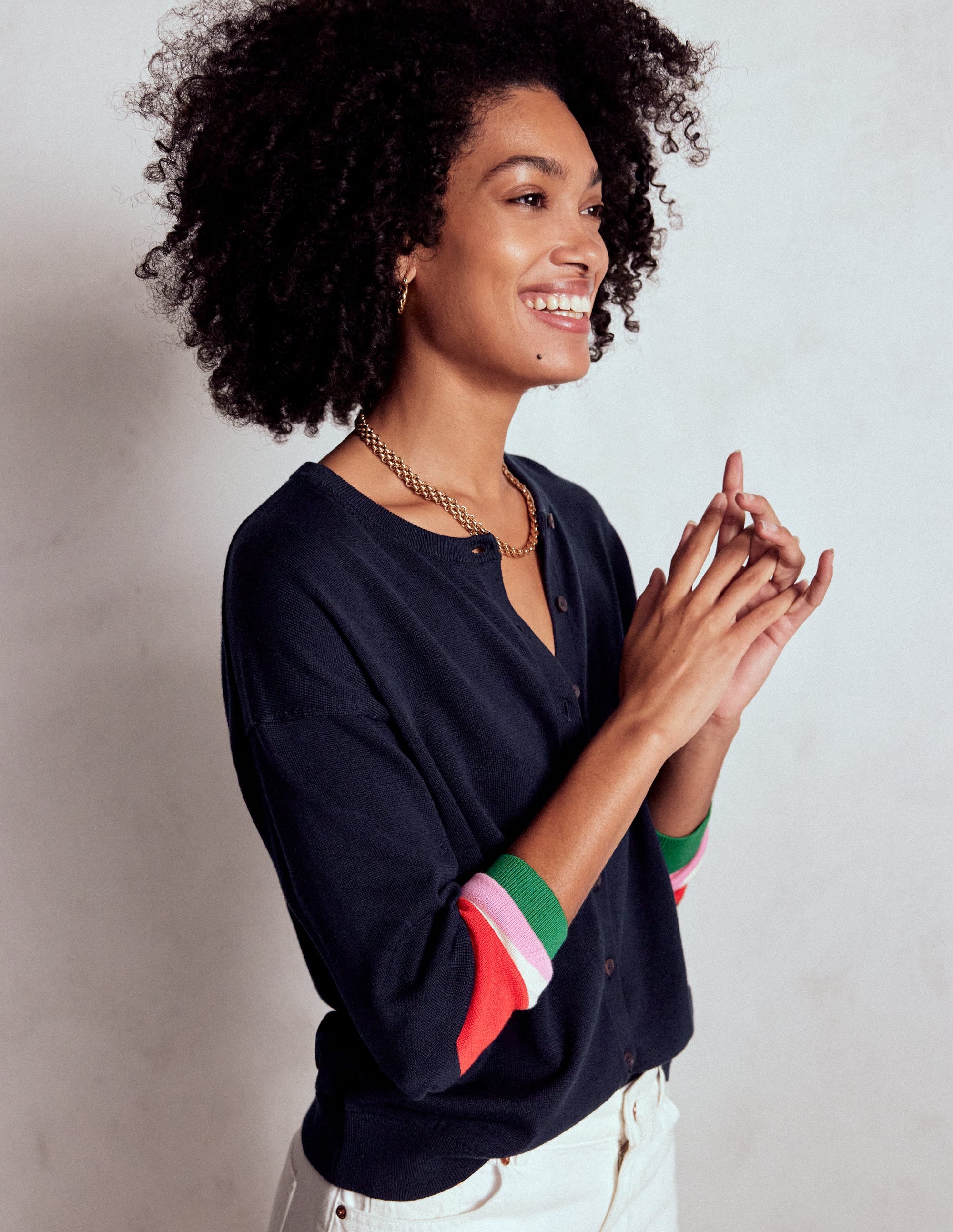 Lara Relaxed Cotton Cardigan-Navy, Cuff Stripe - Image 1