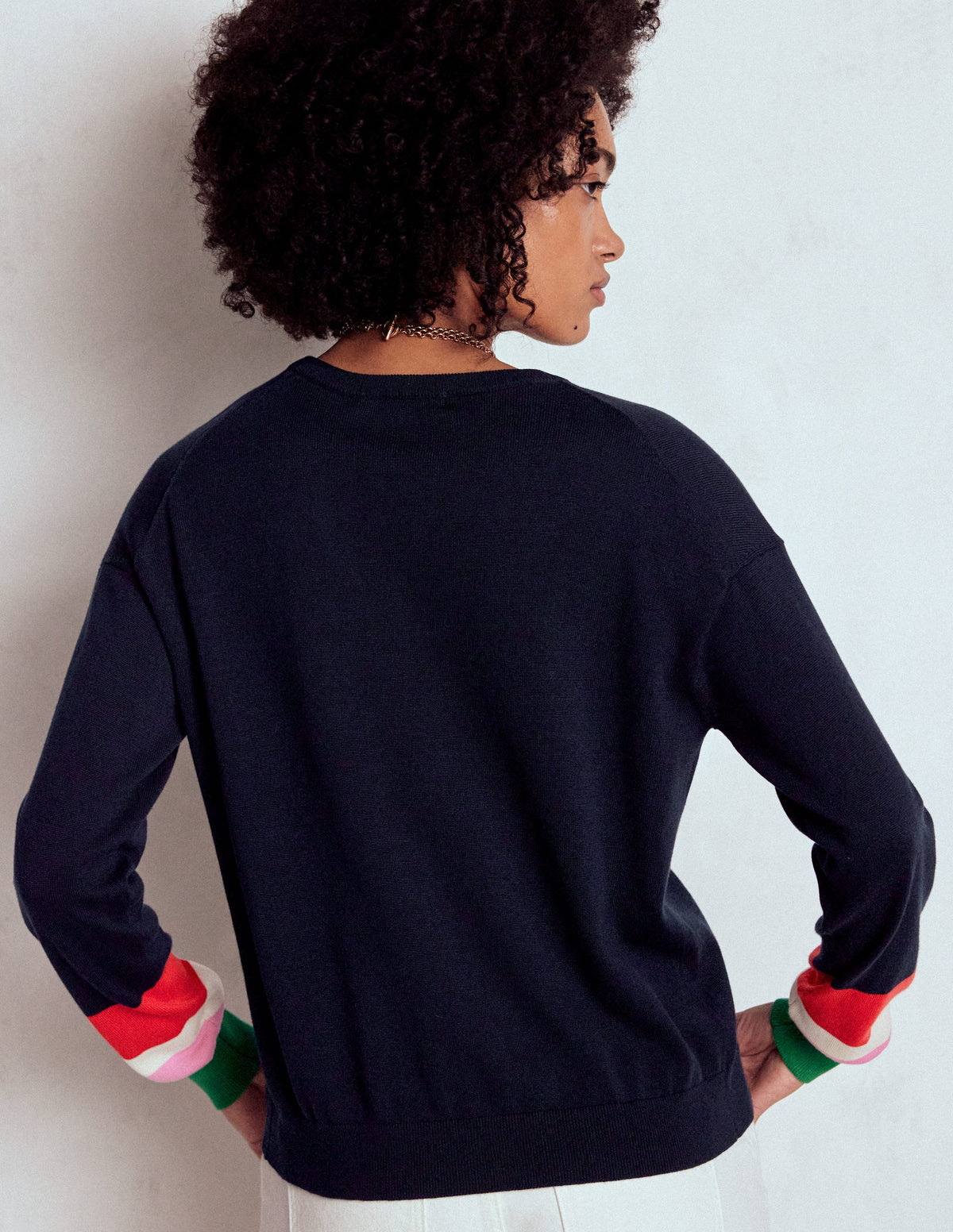 Lara Relaxed Cotton Cardigan-Navy, Cuff Stripe-3