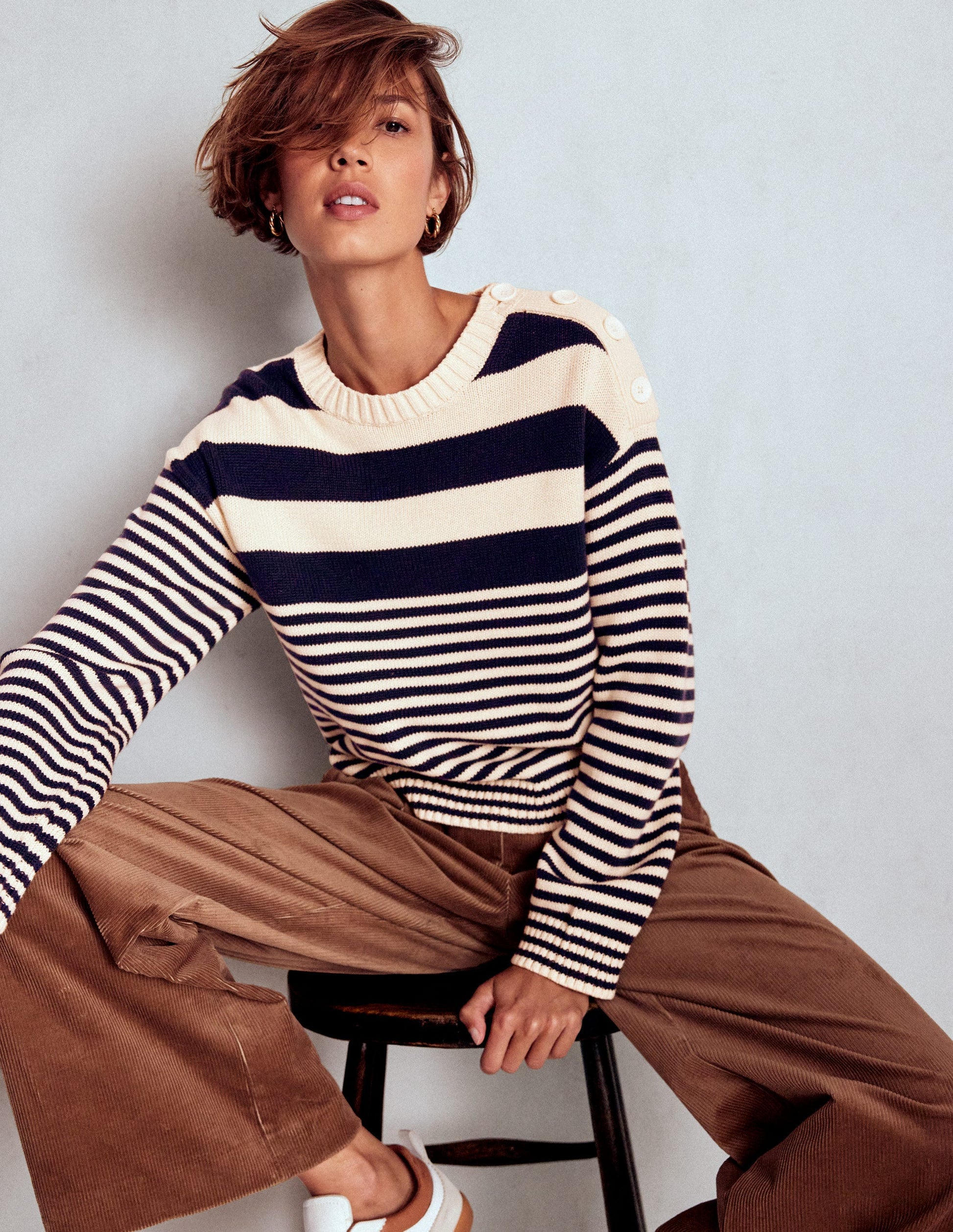 Jemma Chunky Cotton Jumper-Warm Ivory/ Navy-1