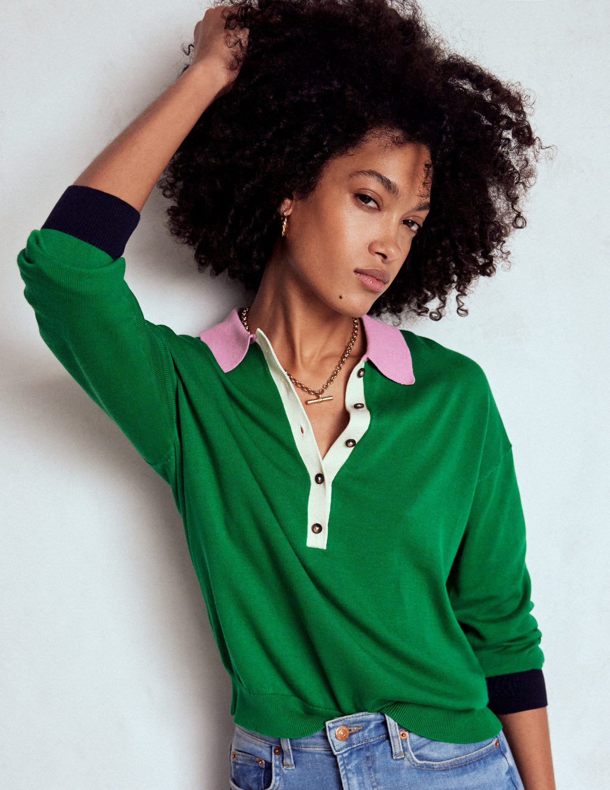 Lara Henley-Pullover aus Baumwolle-Sattes Smaragdgrün Blockfarben - Image 4