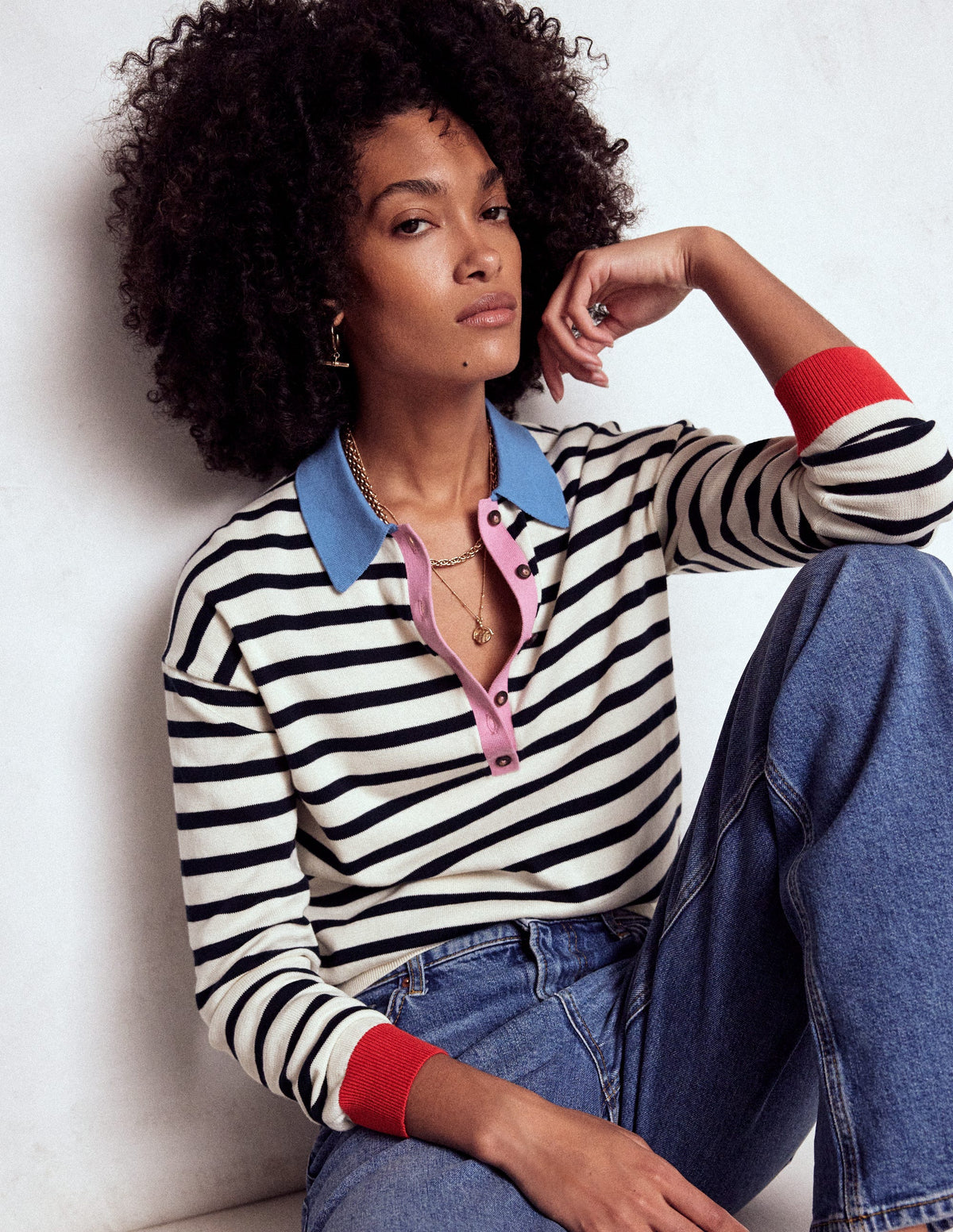 Lara Cotton Henley Jumper-Navy, Warm Ivory Stripe-1