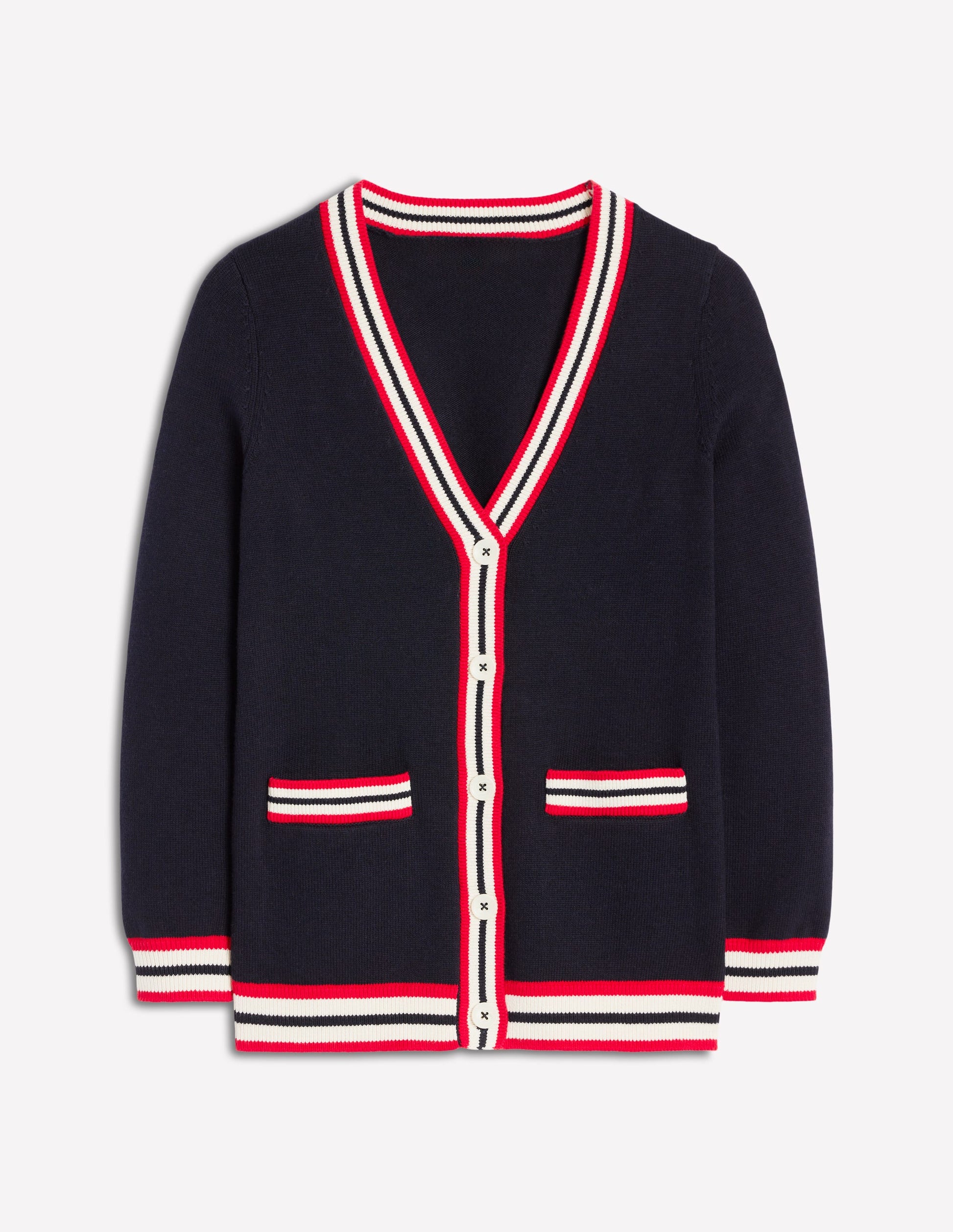 Lange Baumwollstrickjacke mit V-Ausschnitt-Marineblau-5
