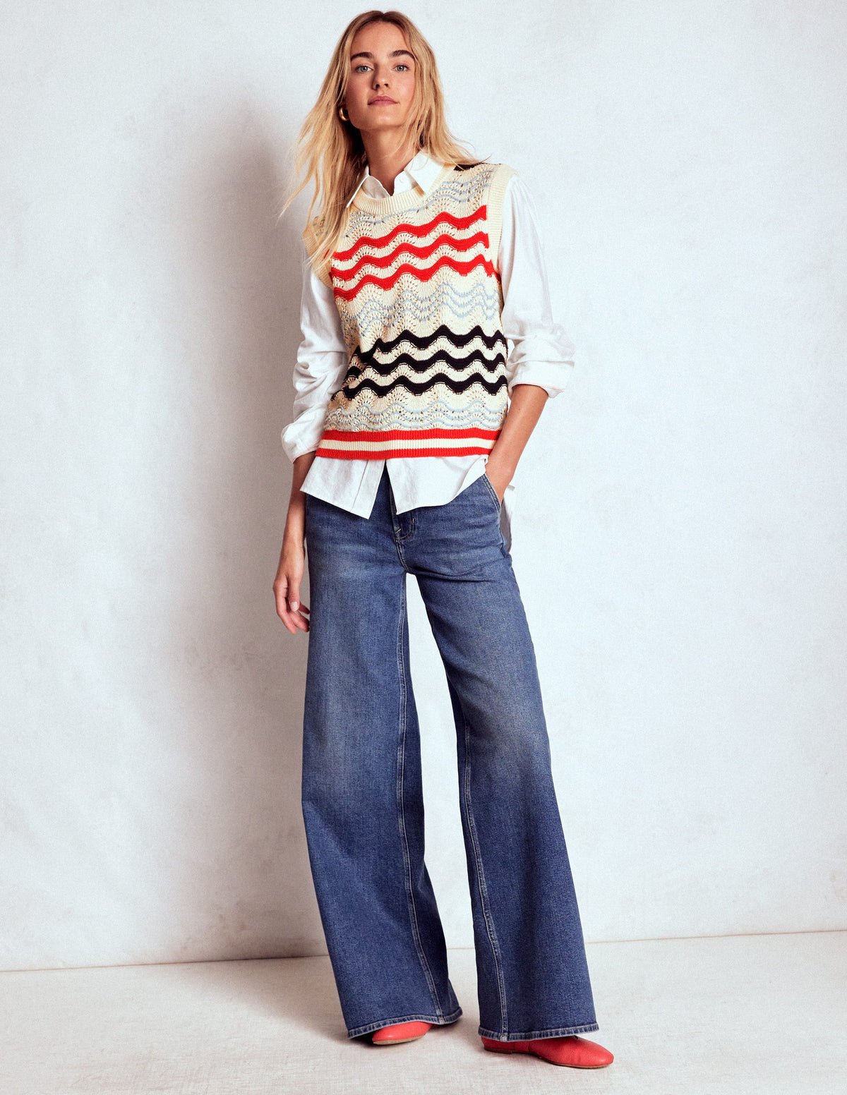 Baumwollpullunder mit Wellendesign-Marineblau/Rot Texturierte Welle-1
