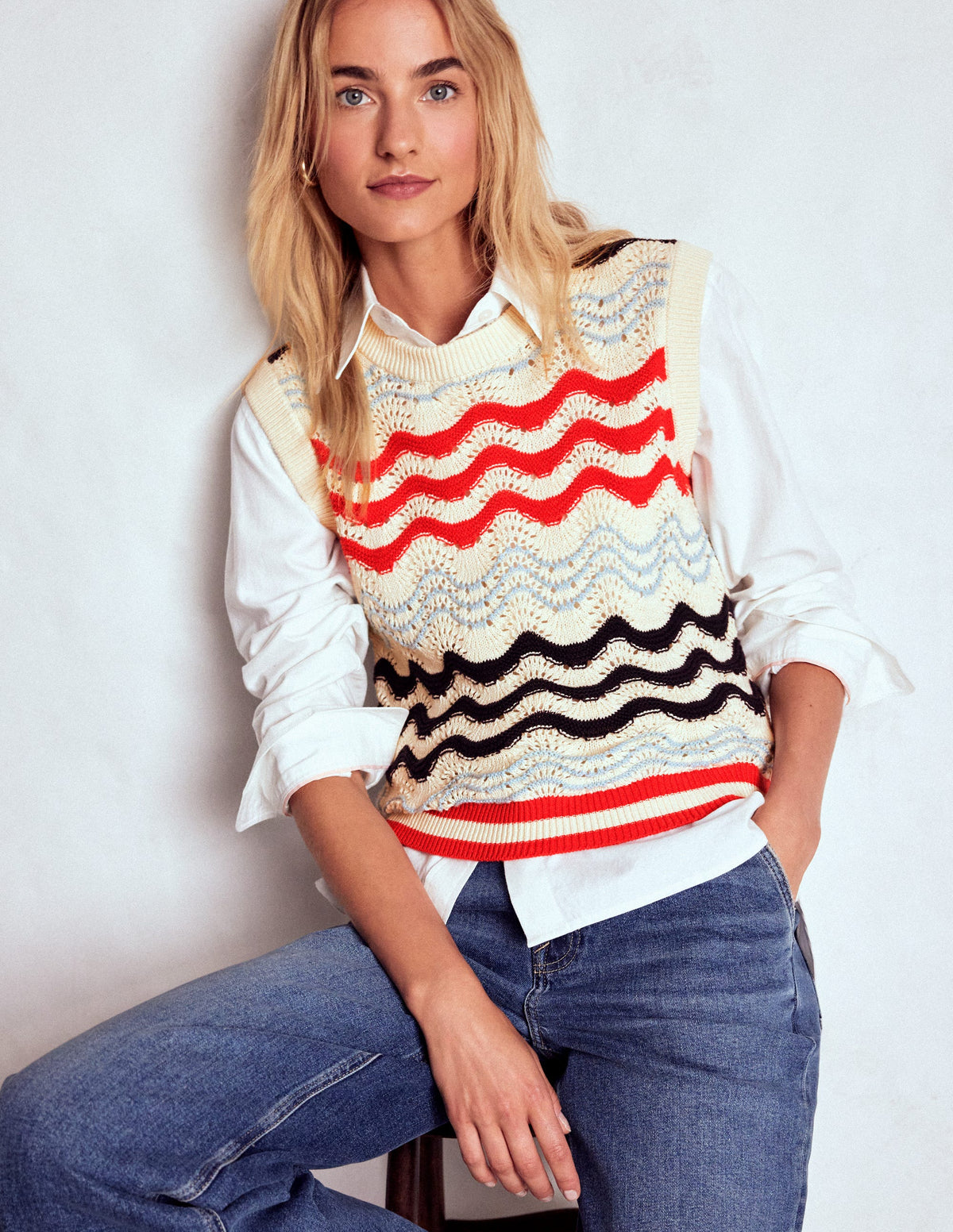 Baumwollpullunder mit Wellendesign-Marineblau/Rot Texturierte Welle-4