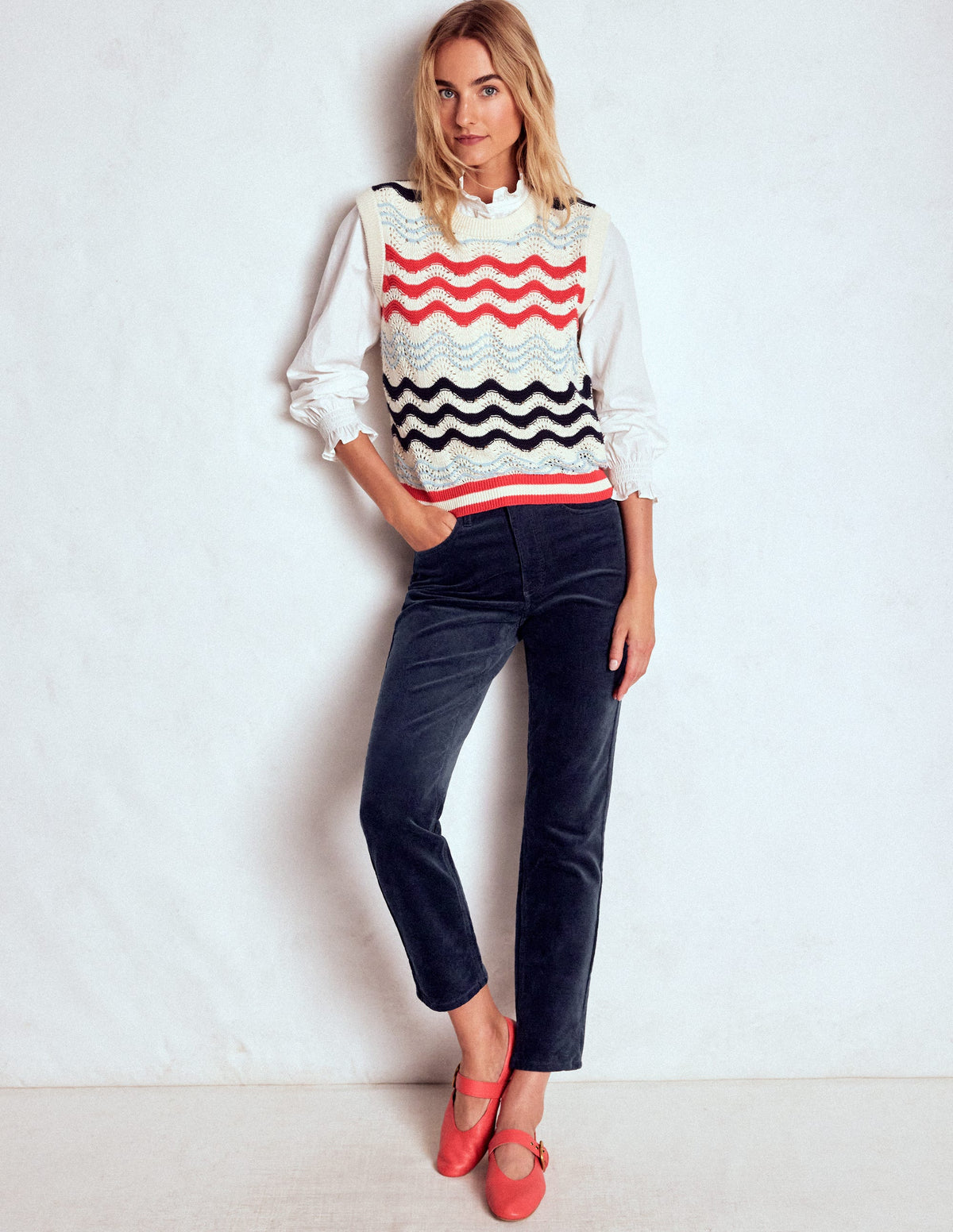 Schmal geschnittene Cord-Jeans mit hohem Bund-Marineblau-1