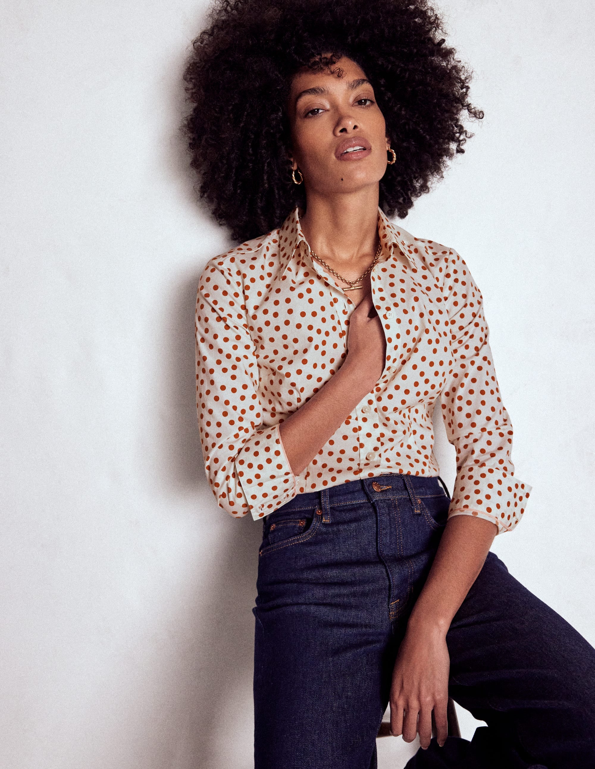 Saskia Stretch-Baumwollhemd-Cognac, Gemalte Tupfen - Image 1