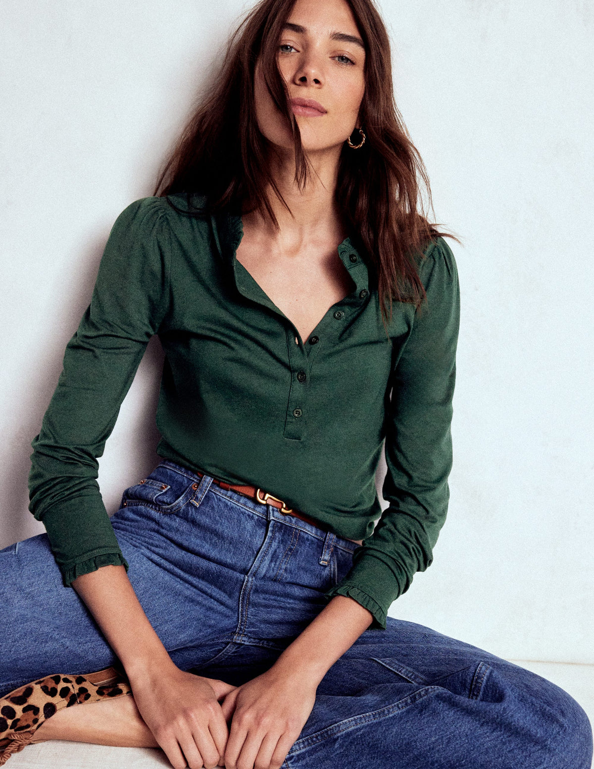 Supersoft Frill Henley Top-Green Pine - Image 1
