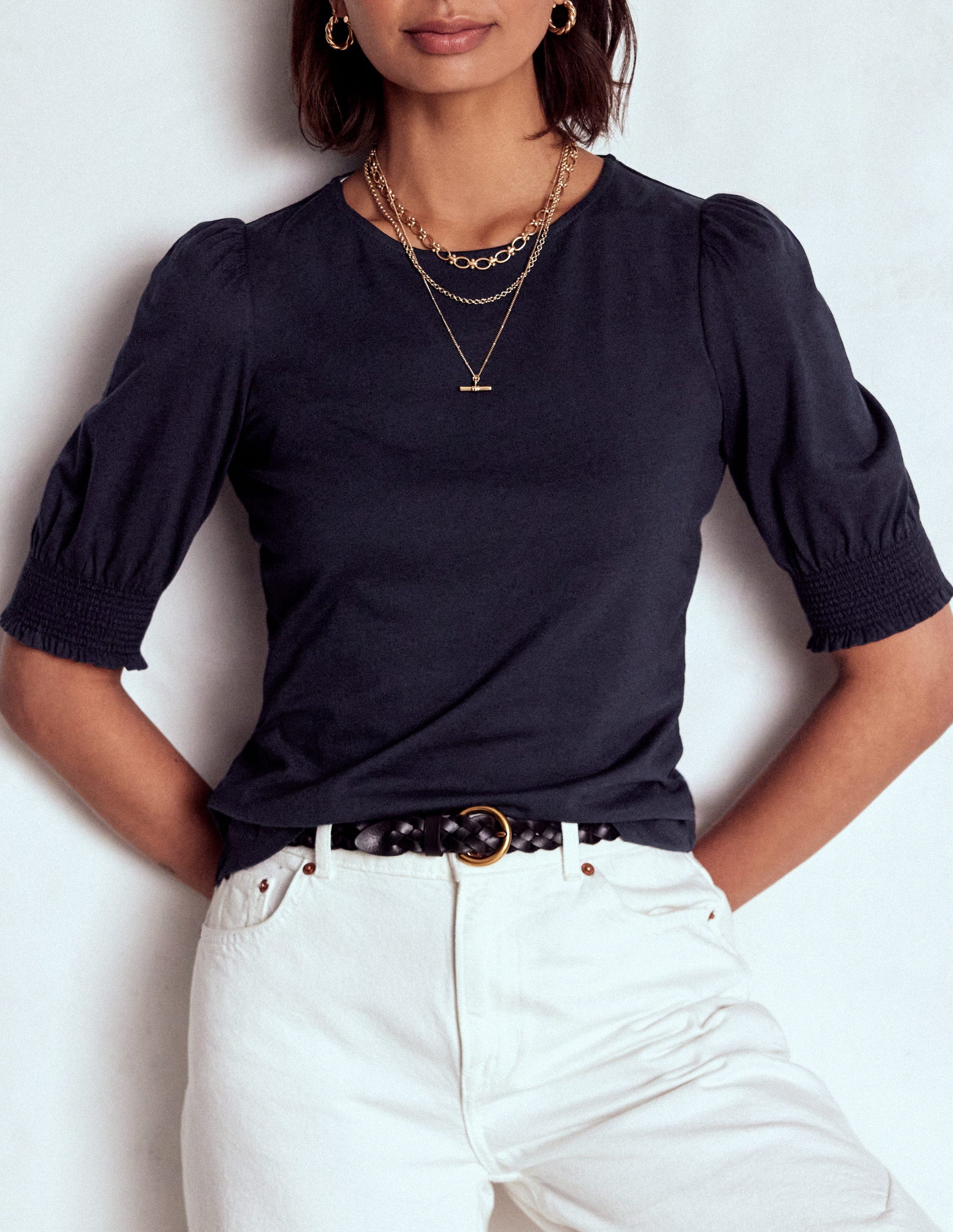 Short Sleeve Smocked Cuff Top-Navy-2