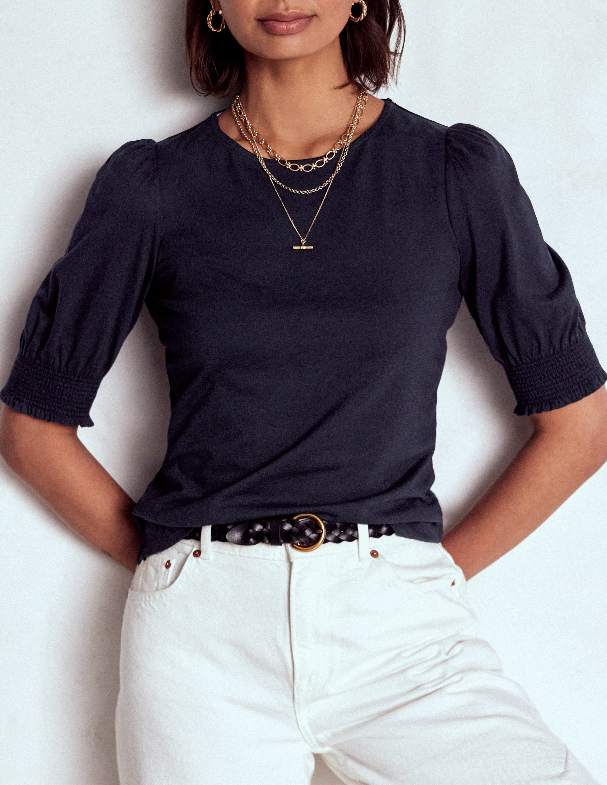 Short Sleeve Smocked Cuff Top-Navy - Image 2