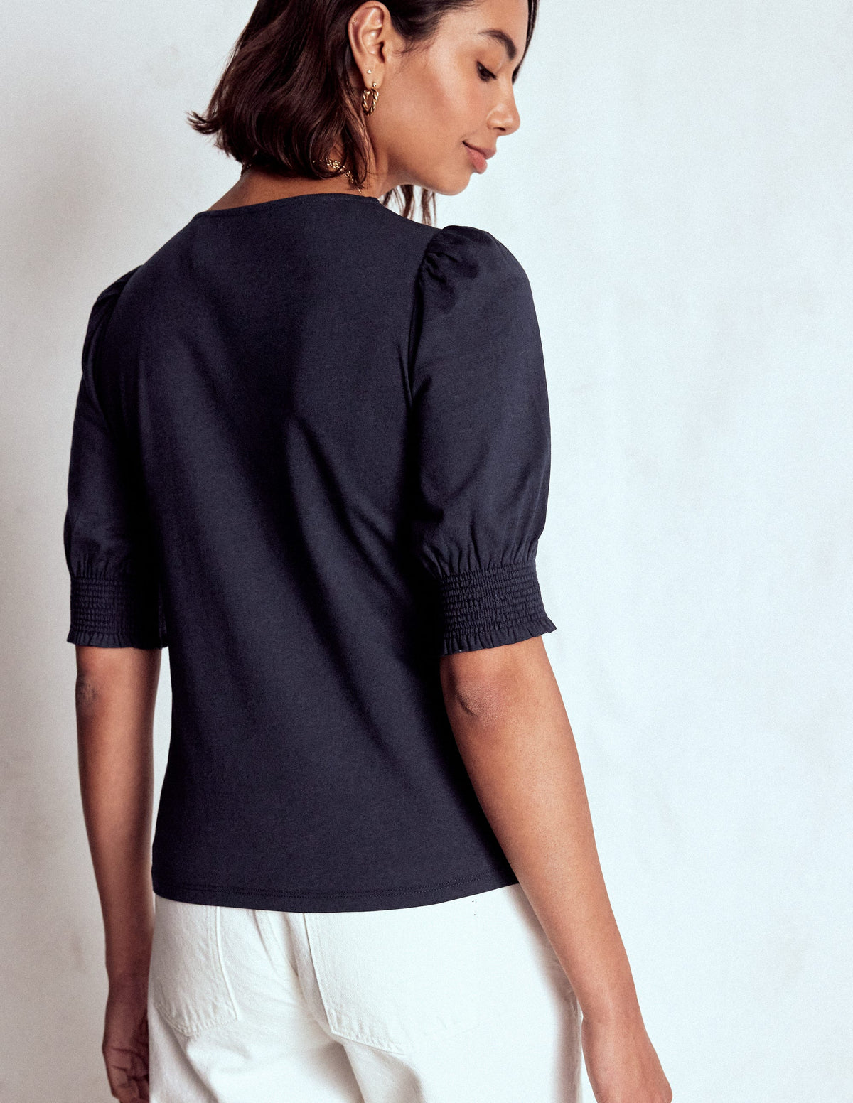 Short Sleeve Smocked Cuff Top-Navy - Image 3