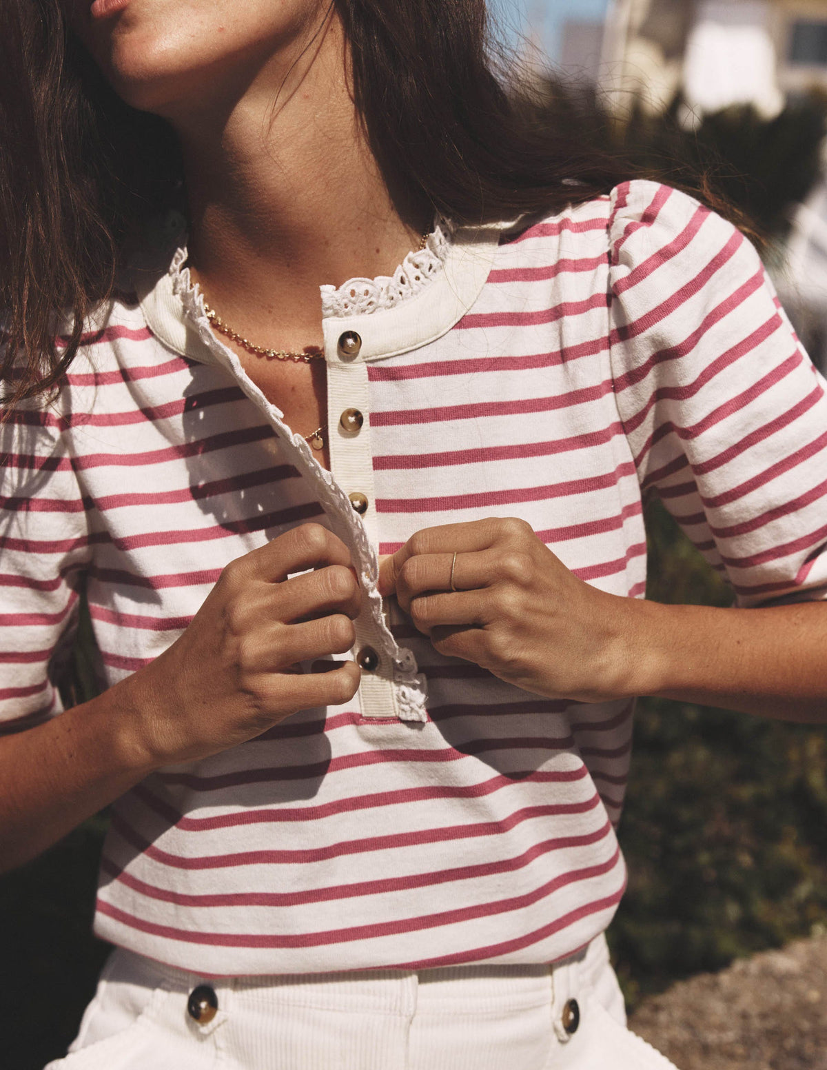 Puff Sleeve Henley-Pink Heather, Ivory Stripe-7