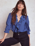 Eliza Ruffle V-Neck Blouse-Denim Blue